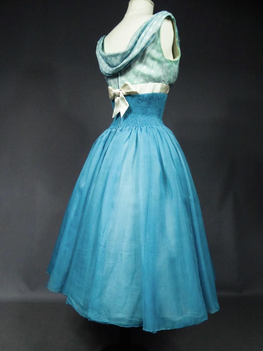 A Pierre Balmain Couture Turquoise Silk Chiffon Cocktail Gown Circa 1958 For Sale 6