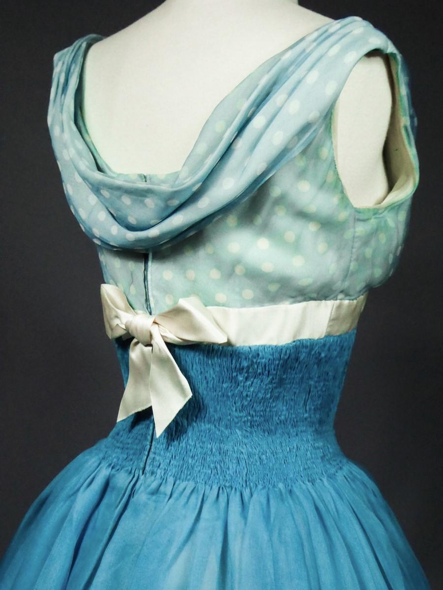 A Pierre Balmain Couture Turquoise Silk Chiffon Cocktail Gown Circa 1958 For Sale 7