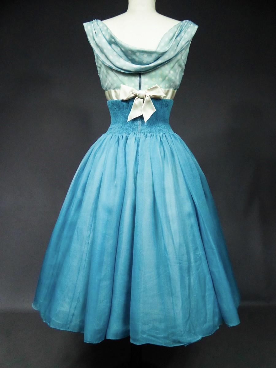 A Pierre Balmain Couture Turquoise Silk Chiffon Cocktail Gown Circa 1958 For Sale 8