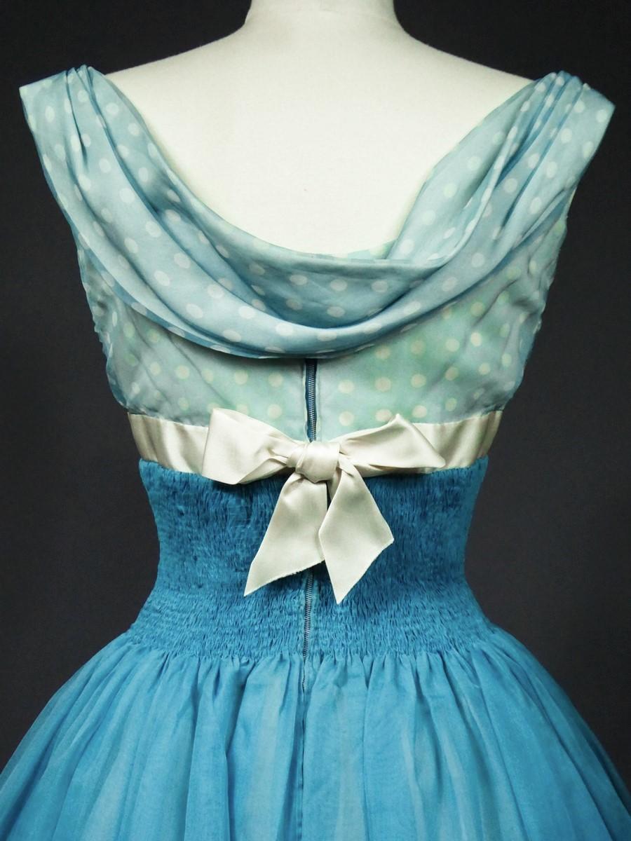 A Pierre Balmain Couture Turquoise Silk Chiffon Cocktail Gown Circa 1958 For Sale 9