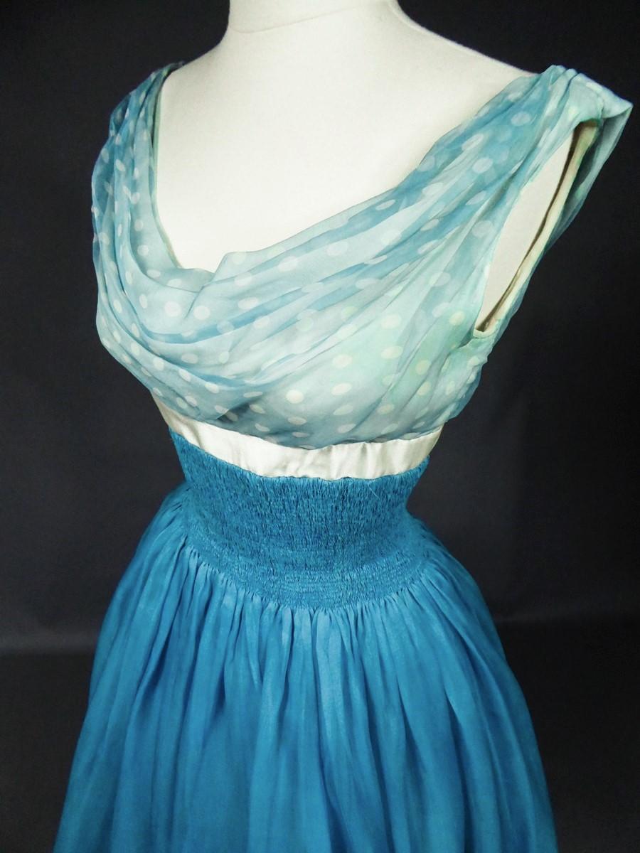 A Pierre Balmain Couture Turquoise Silk Chiffon Cocktail Gown Circa 1958 For Sale 11