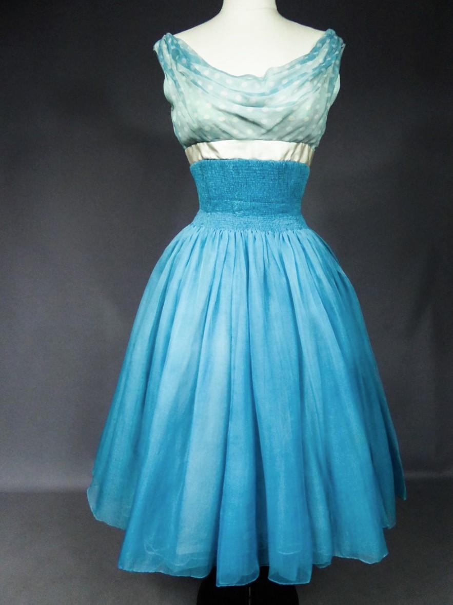 Blue A Pierre Balmain Couture Turquoise Silk Chiffon Cocktail Gown Circa 1958 For Sale