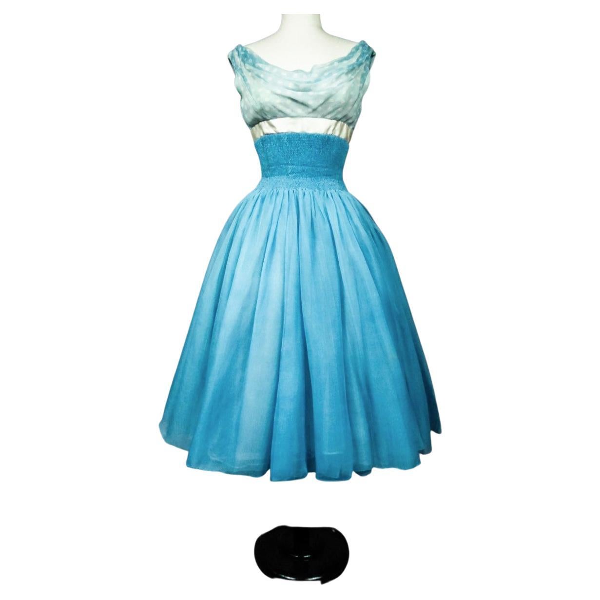 A Pierre Balmain Couture Turquoise Silk Chiffon Cocktail Gown Circa 1958 For Sale