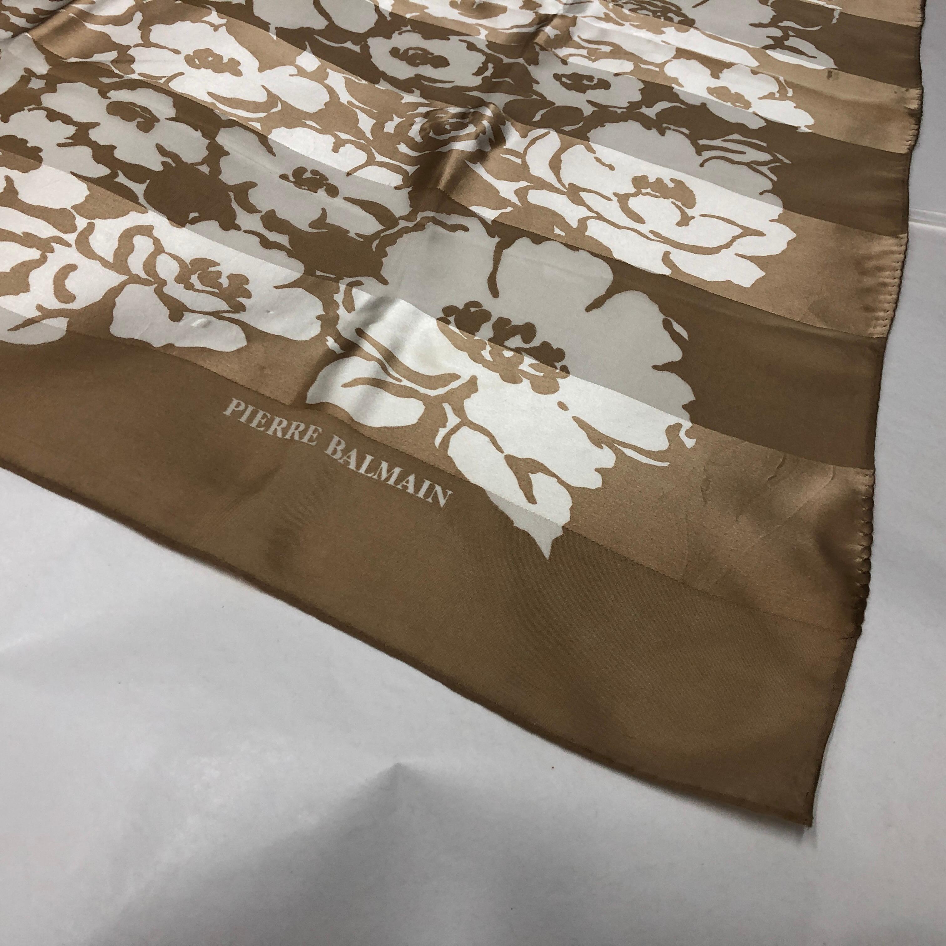 A 1980s Pierre Balmain White and Brown Floral Silk Foulard For Sale 1