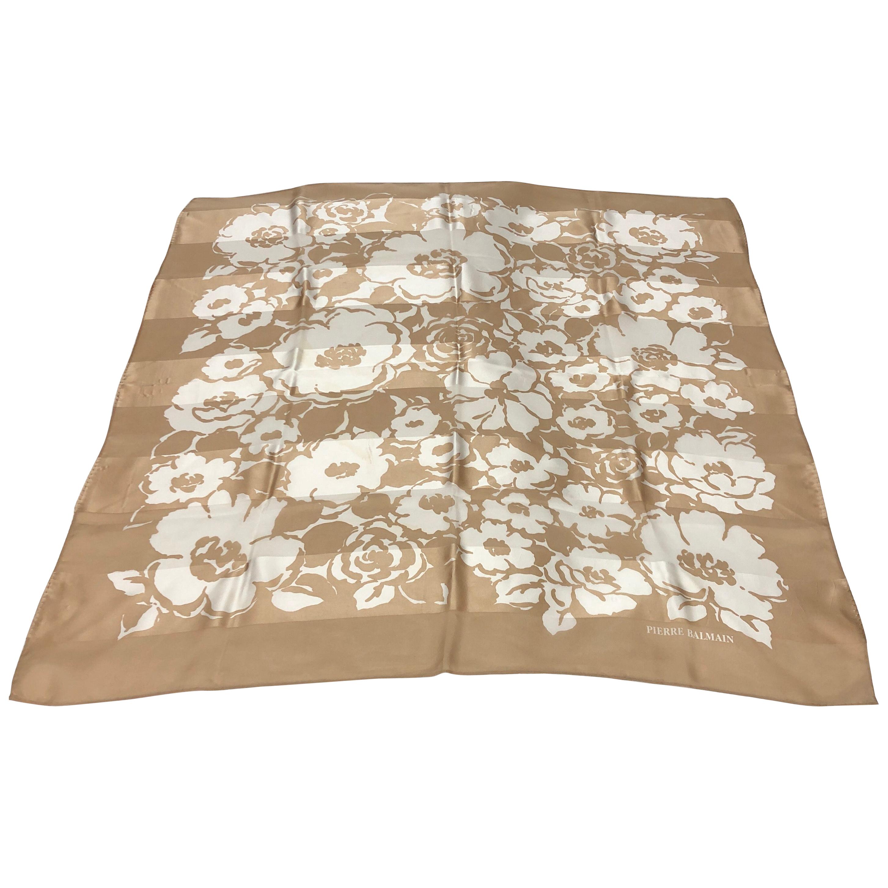 A 1980s Pierre Balmain White and Brown Floral Silk Foulard For Sale