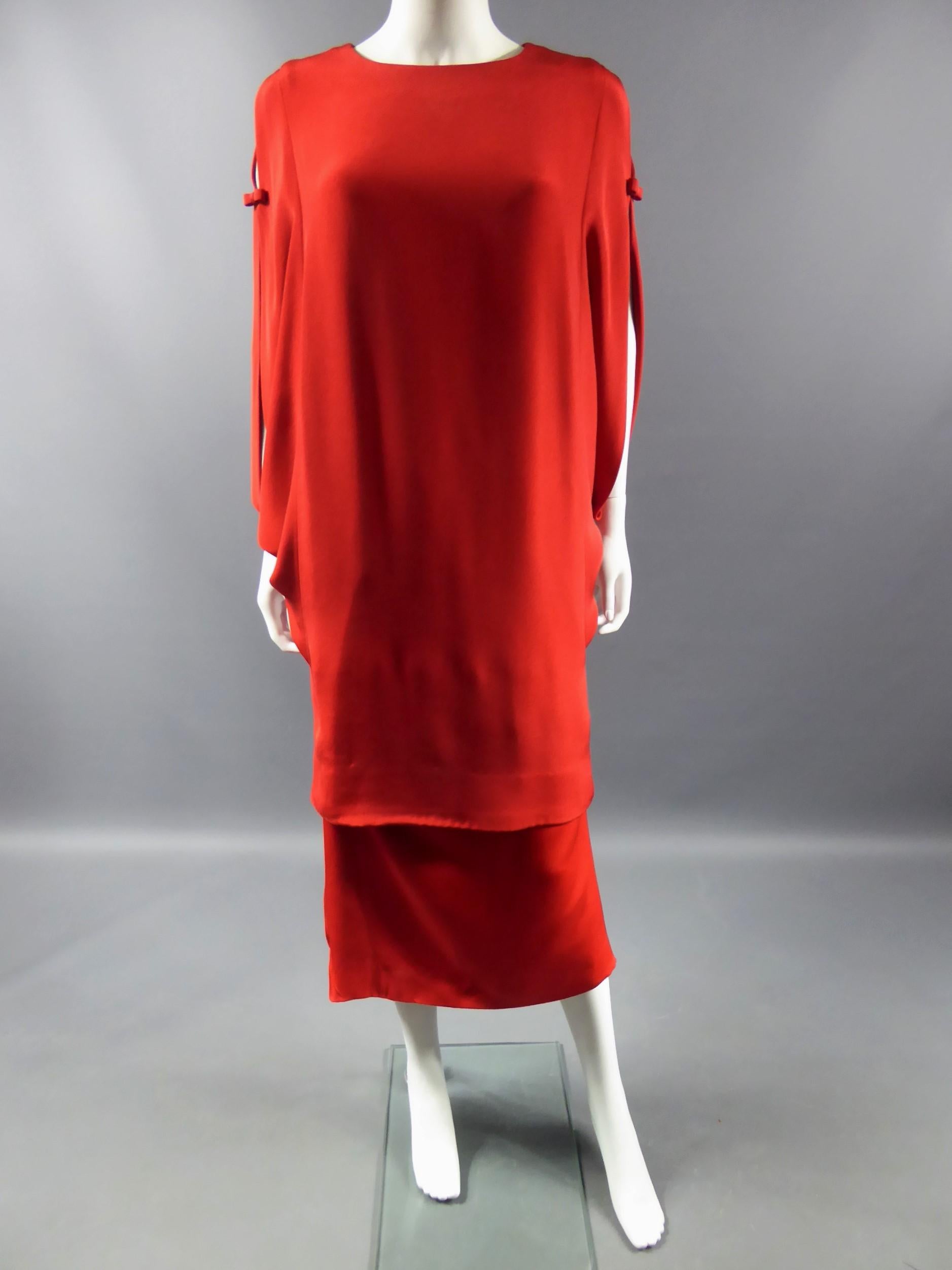 Red A Pierre Cardin Couture Batwing Sleeves Dress & Skirt Circa 1980 For Sale