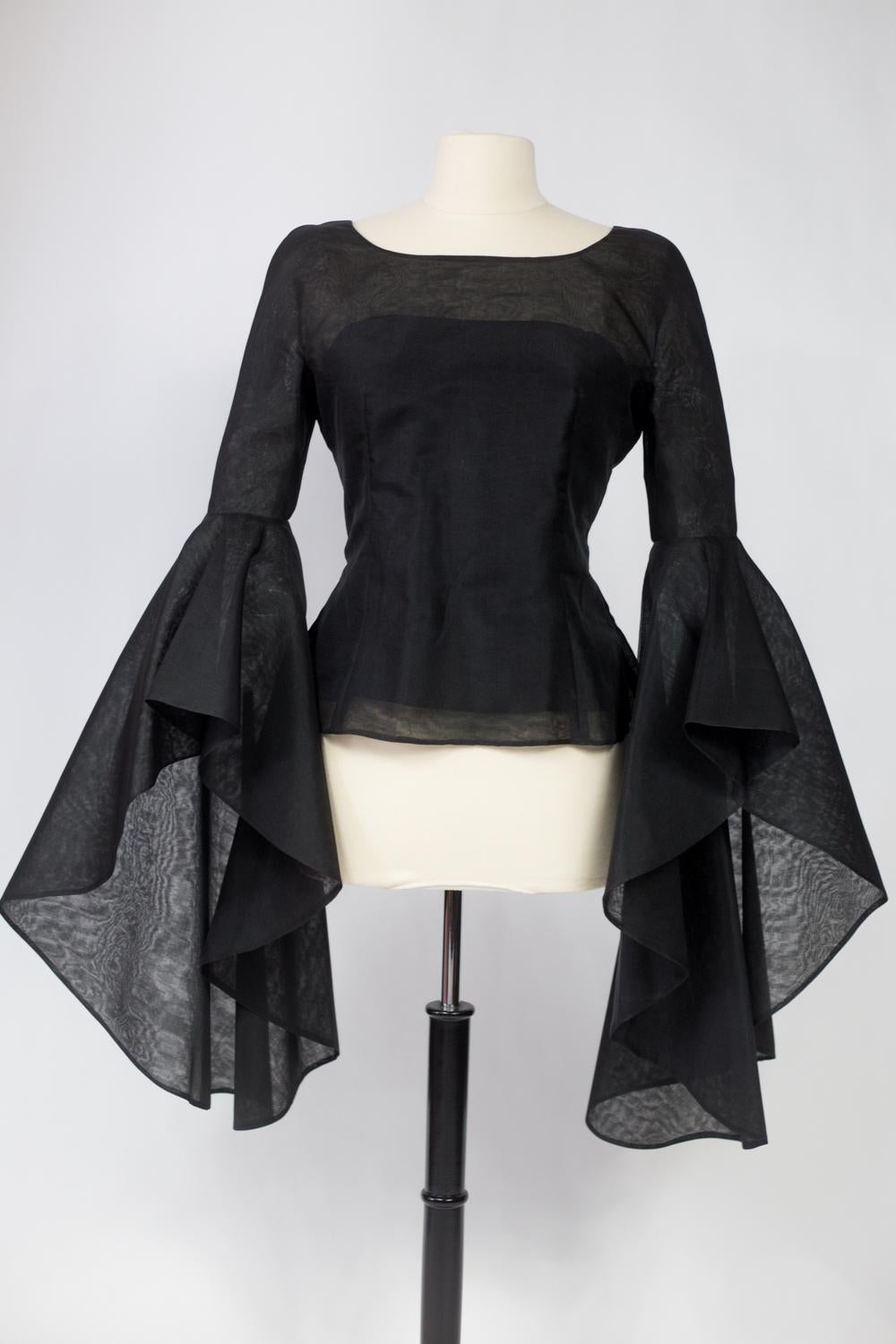 Black A Pierre Cardin Organza Blouse With Dramatic Batwing Sleeves Circa 1970/1980 For Sale
