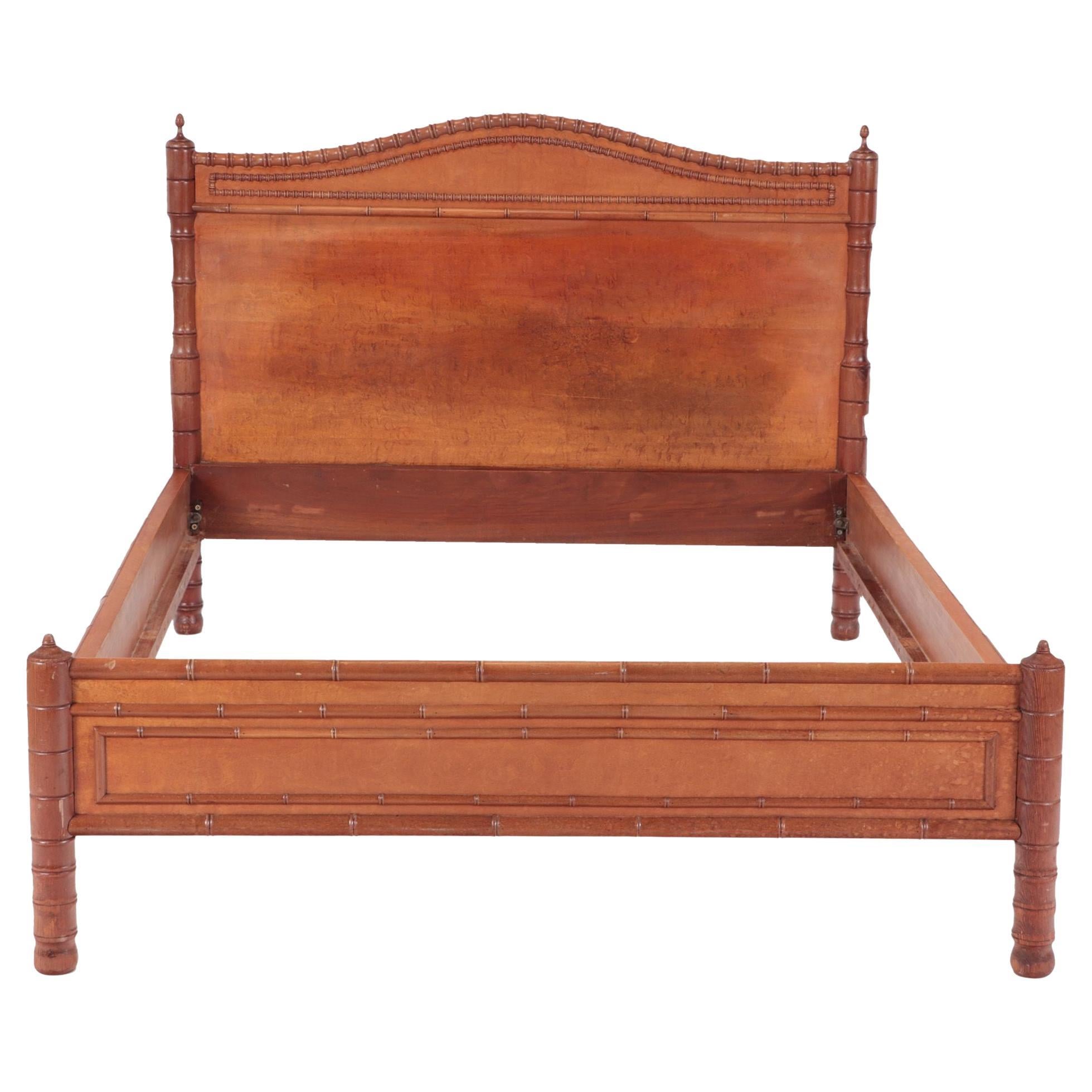 Pine and Maple Full Size Faux Bamboo Bed, French, C 1950 For Sale