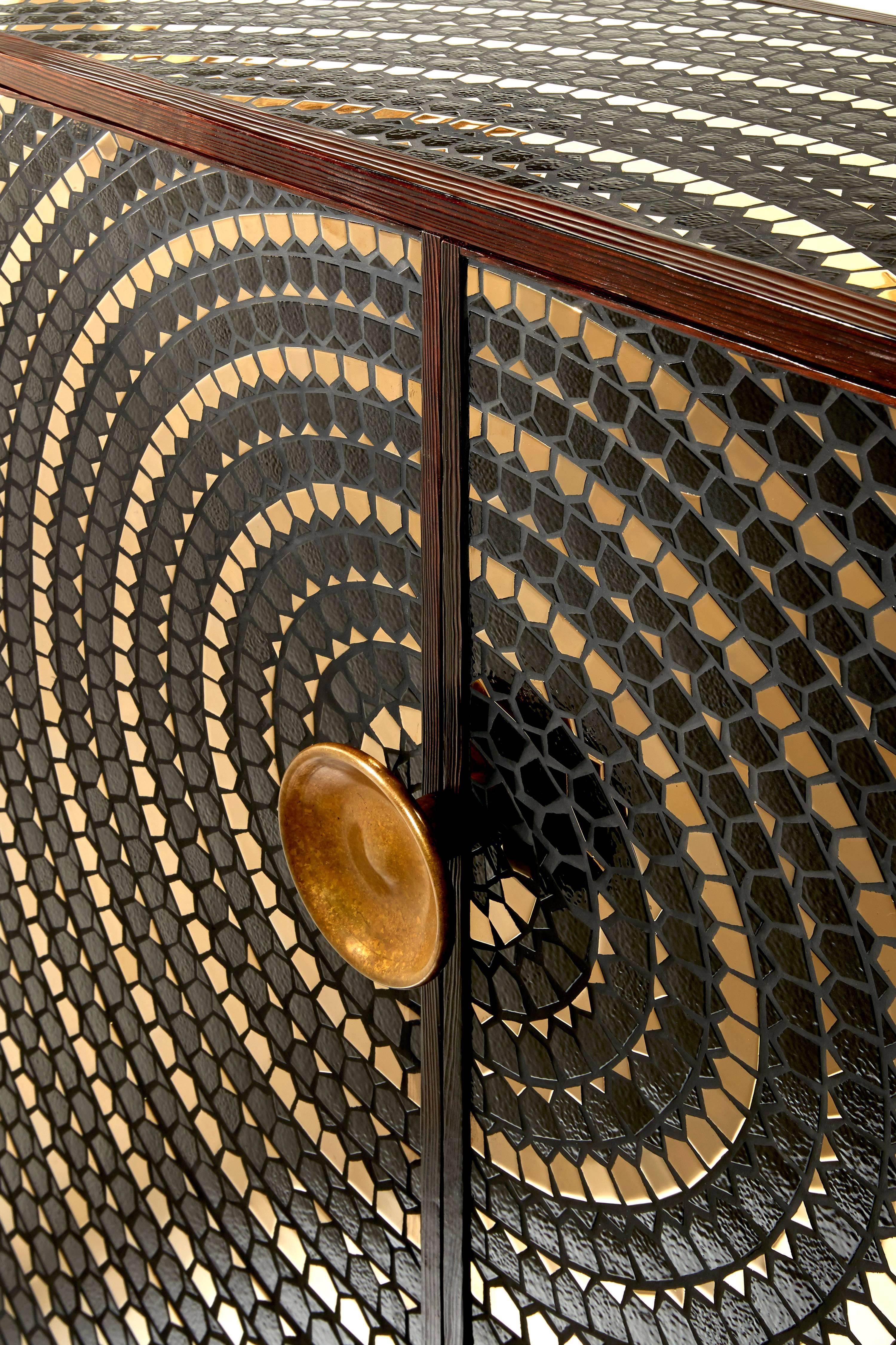 French Pinewood Cabinet with Mosaic of Black and Gold Ceramic and bronze handle For Sale