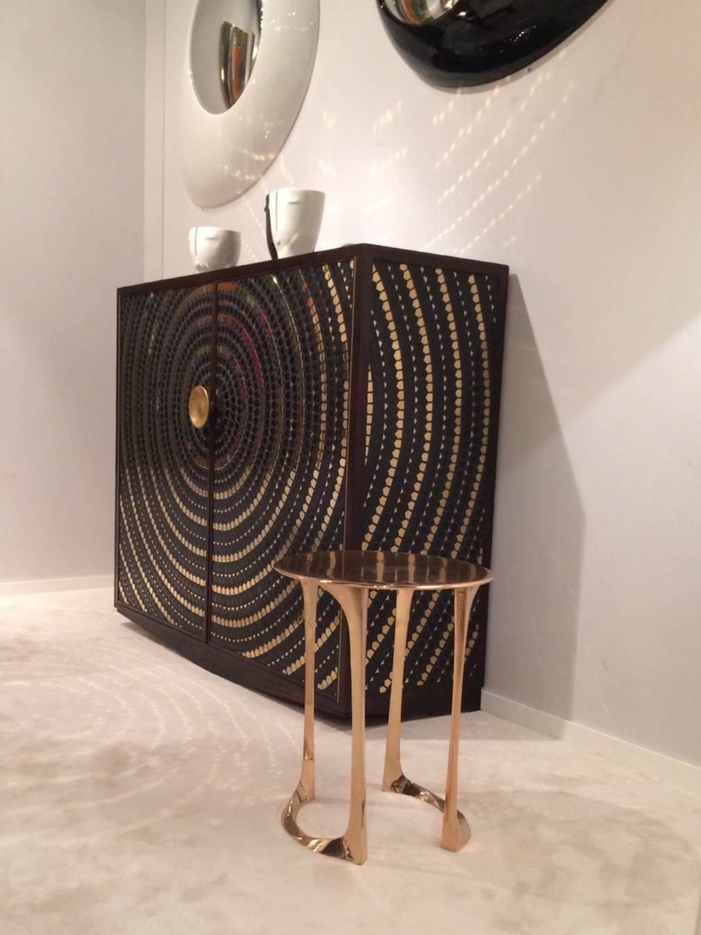 Pinewood Cabinet with Mosaic of Black and Gold Ceramic and bronze handle In Good Condition For Sale In Paris, FR