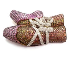 Pink and Orange Sapphire and Diamond Brooch Set in Silver and 18 Karat Gold