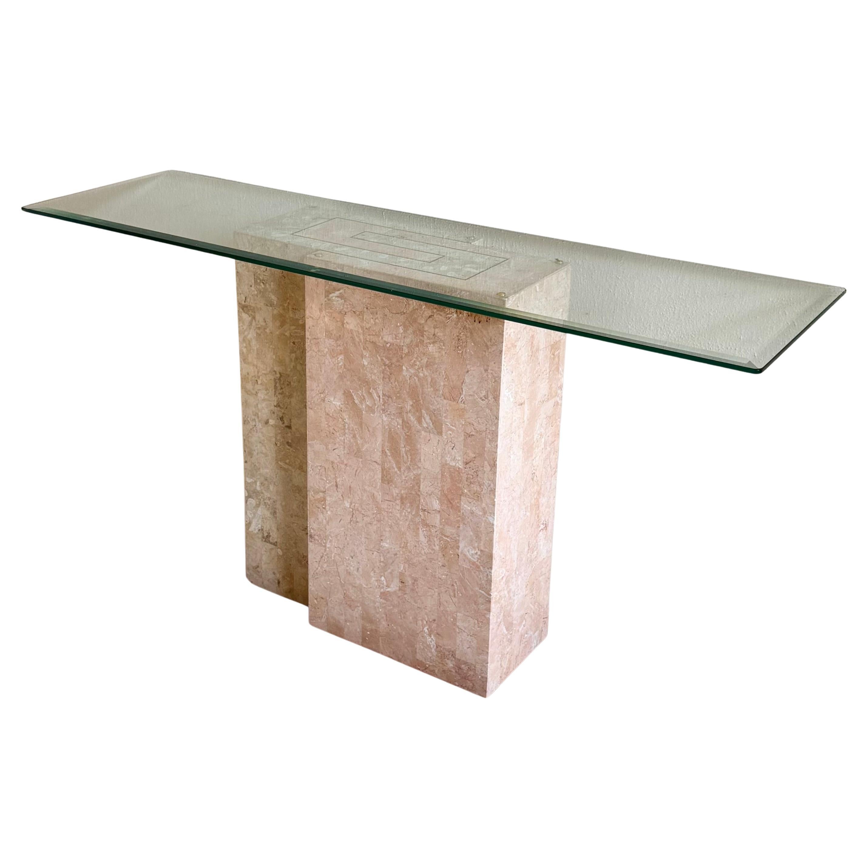 A pink fossil stone console table with glass top by Magnussen, circa 1980 en vente