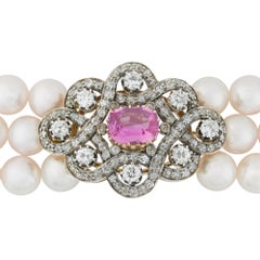 A Pink Sapphire, Diamond and Cultured Pearl Necklace