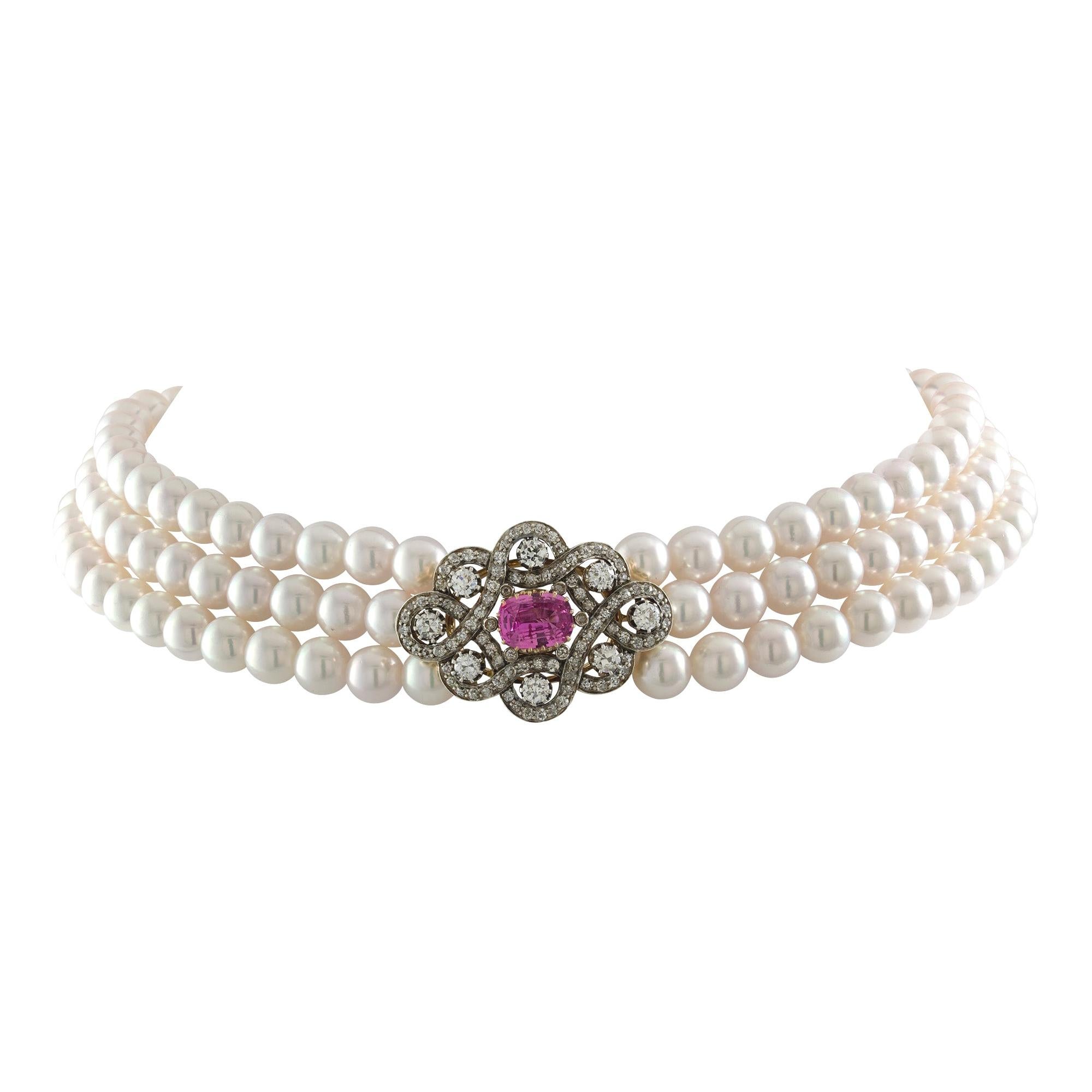 Halskette mit rosa Saphiren, Diamanten und Zuchtperlen