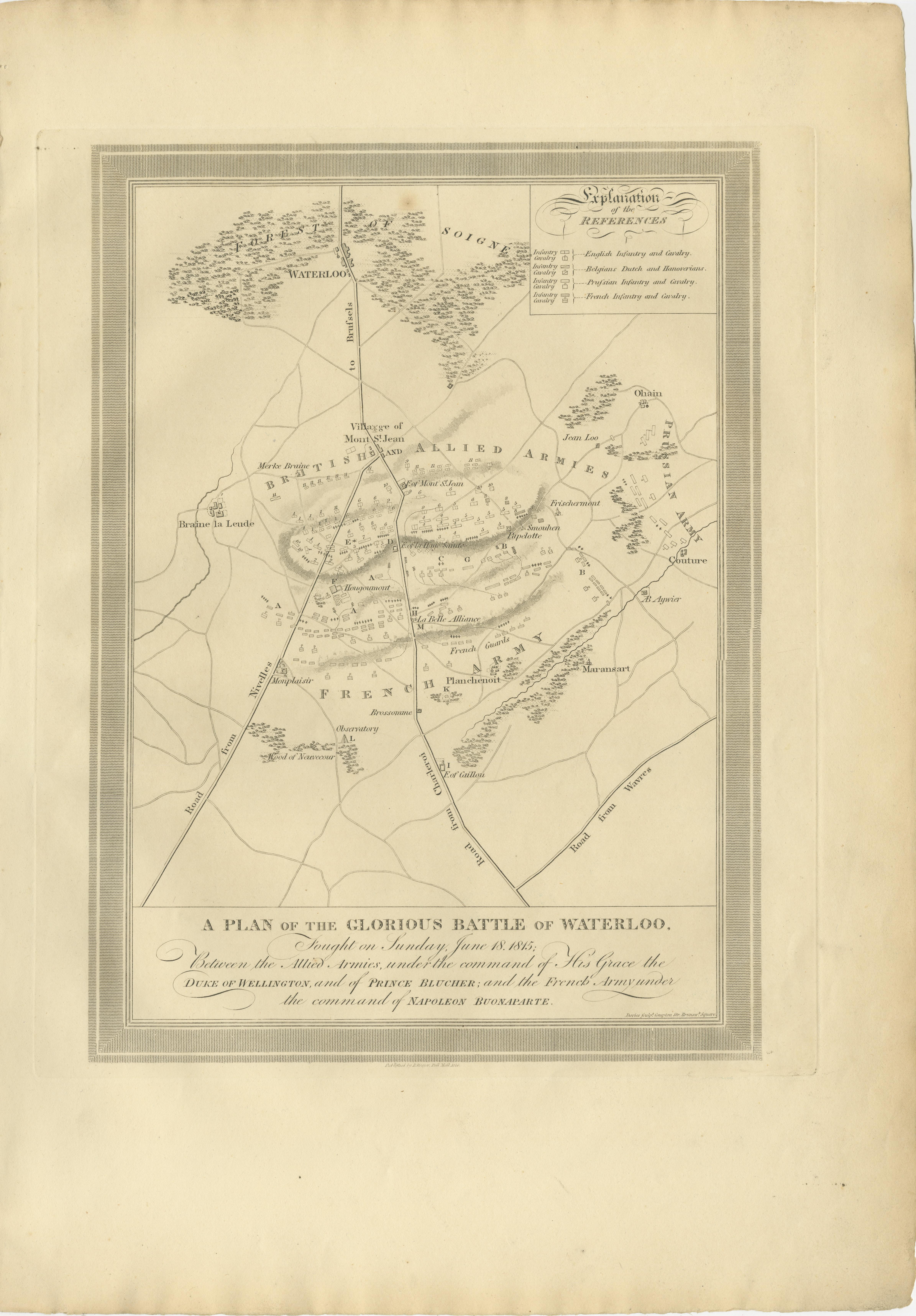 Title: A Plan of the Glorious Battle of Waterloo: Allied Victory Over Napoleon, 1815  

Description:  

This finely engraved 1816 map presents a strategic overview of the Battle of Waterloo, fought on June 18, 1815, between the forces of the Duke of