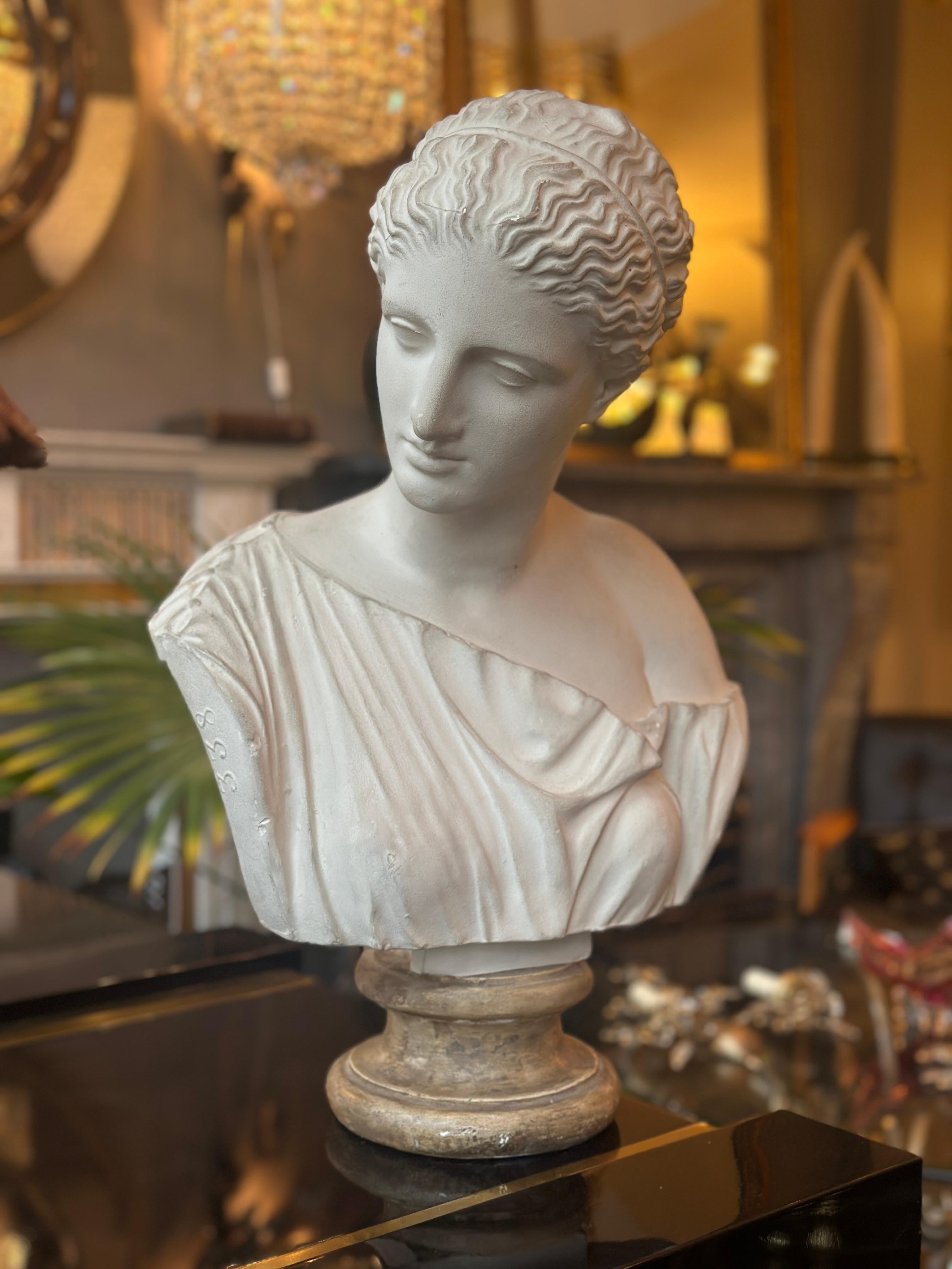 Buste en plâtre d'après l'antique édité par le Musée Du Louvre au début du XXe siècle pour l'enseignement académique, alimentant les écoles d'art et les studios privés pour les sujets essentiels à la formation néoclassique.

La plaque à l'arrière du