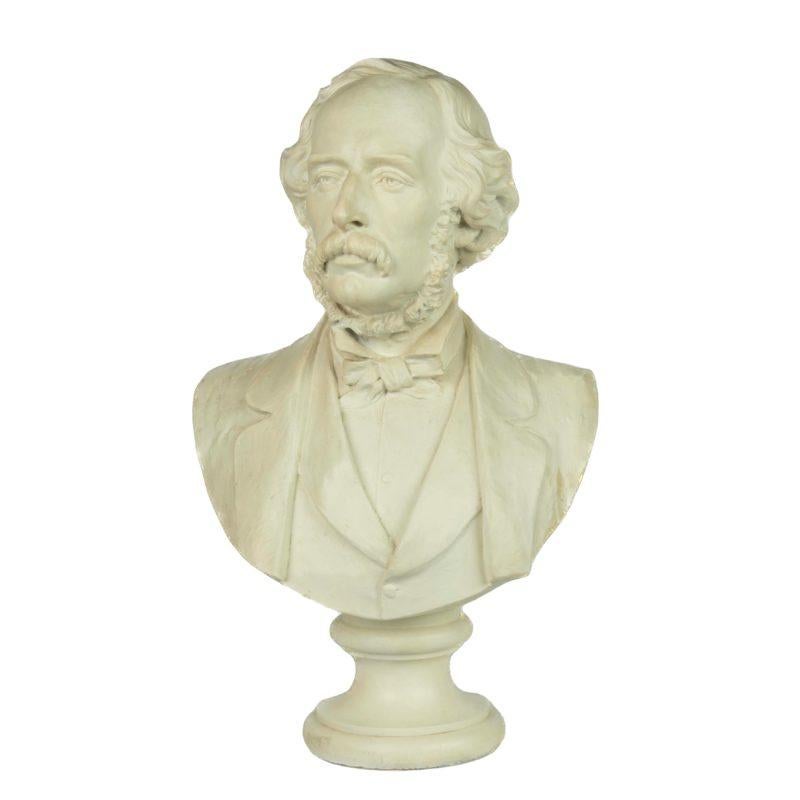 A plaster bust of a Victorian gentleman by Boehm, this white plaster bust shows an authoritative gentleman with a moustache and whiskers wearing a high collar and bow tie with a waistcoat and jacket.  It is signed inside one shoulder Boehm fecit. 