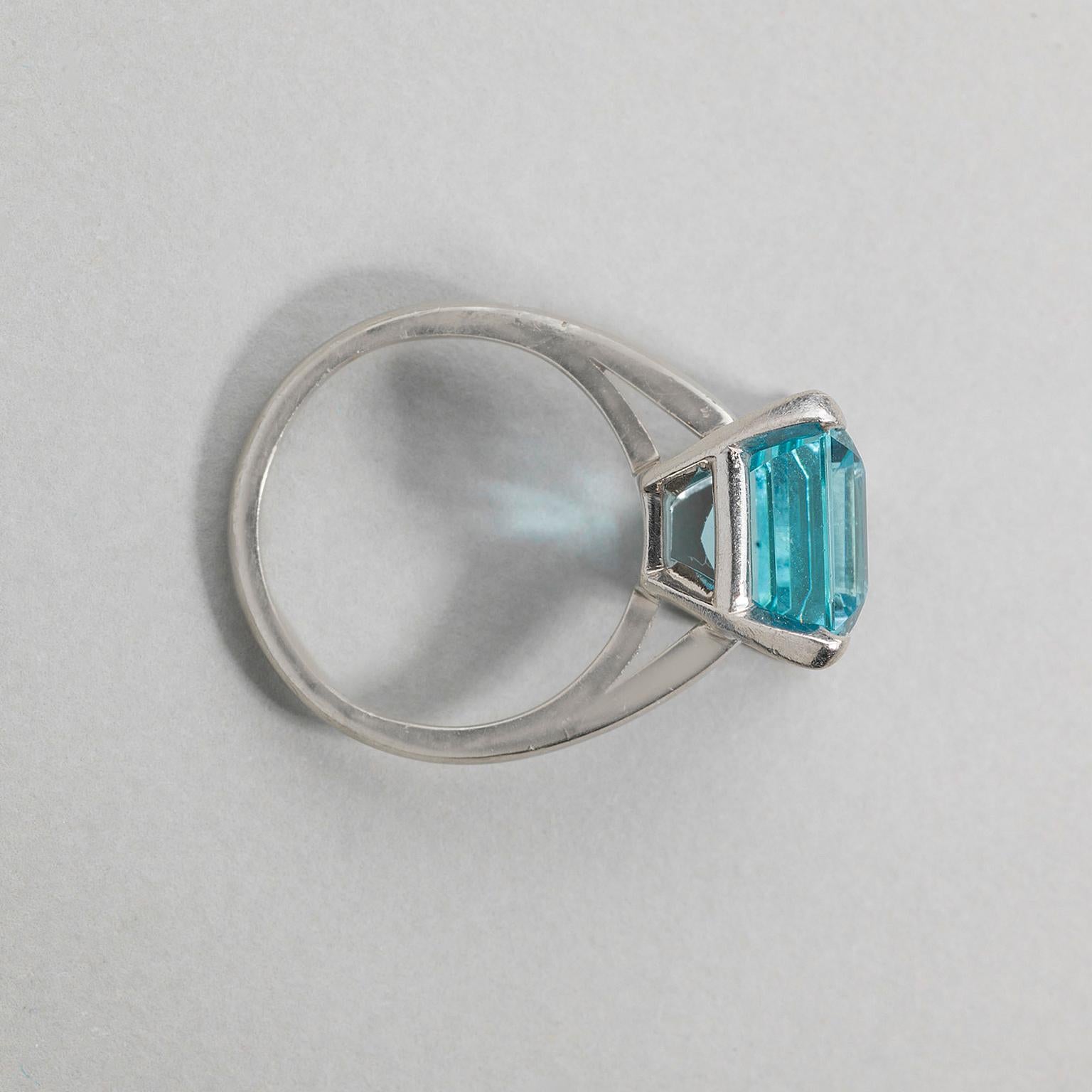 Emerald Cut A Platinum and Aquamarine Ring