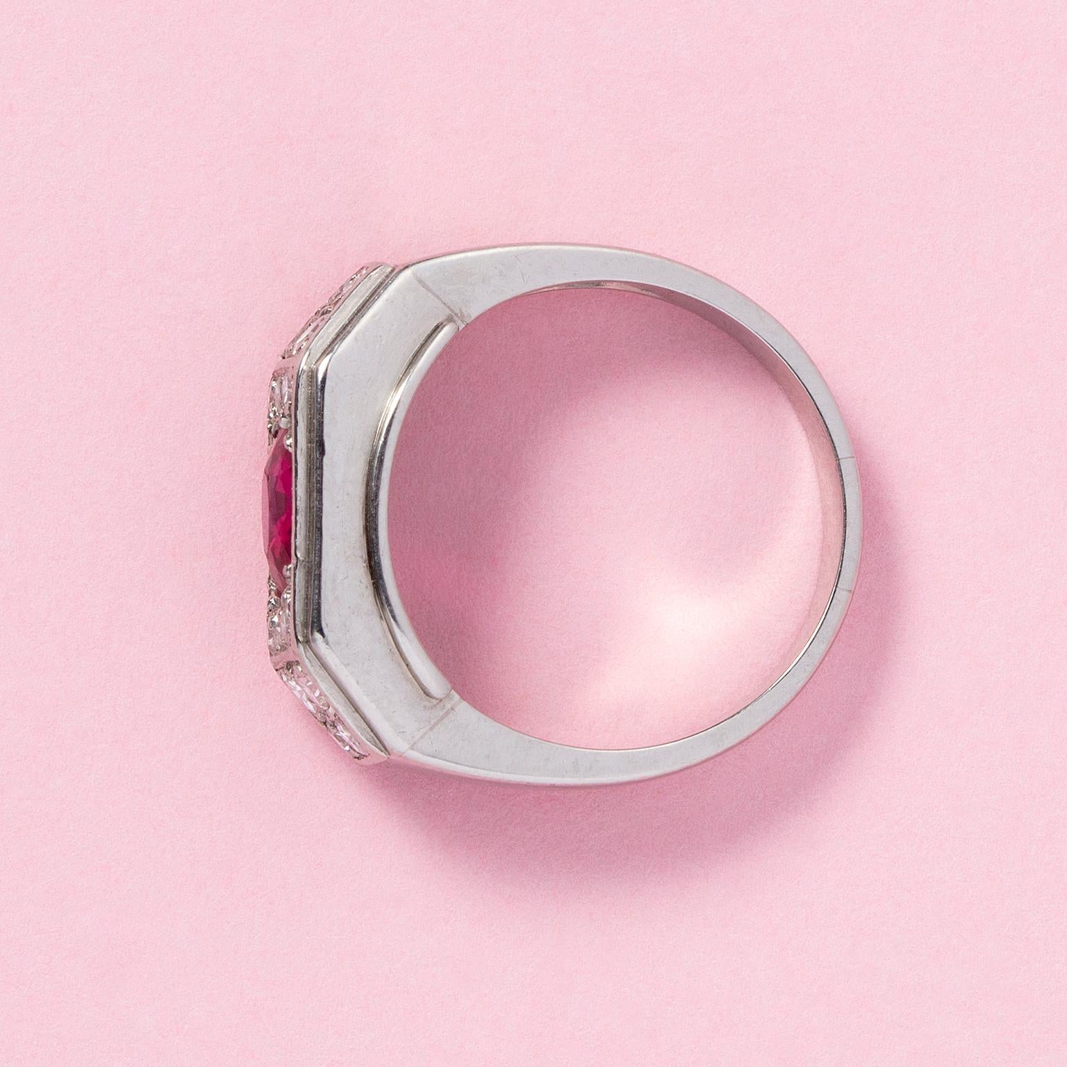 A Platinum Art Deco Ring Set with Diamonds and An Oval Facetted Burma Ruby For Sale 1