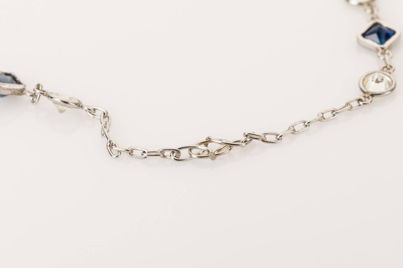 Women's Platinum Round Diamond Blue Sapphire Chain Necklace  For Sale