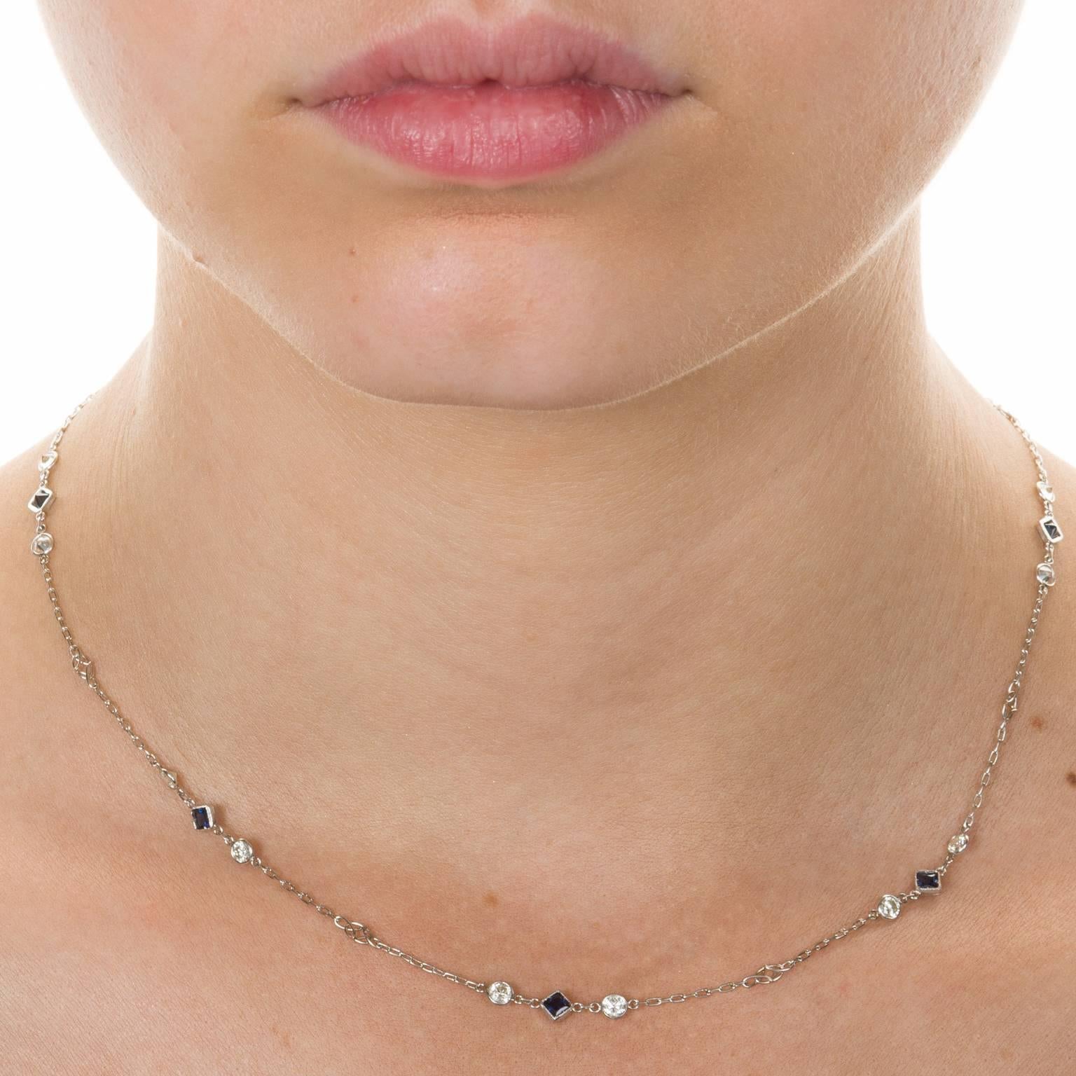 Platinum Round Diamond Blue Sapphire Chain Necklace  For Sale 2