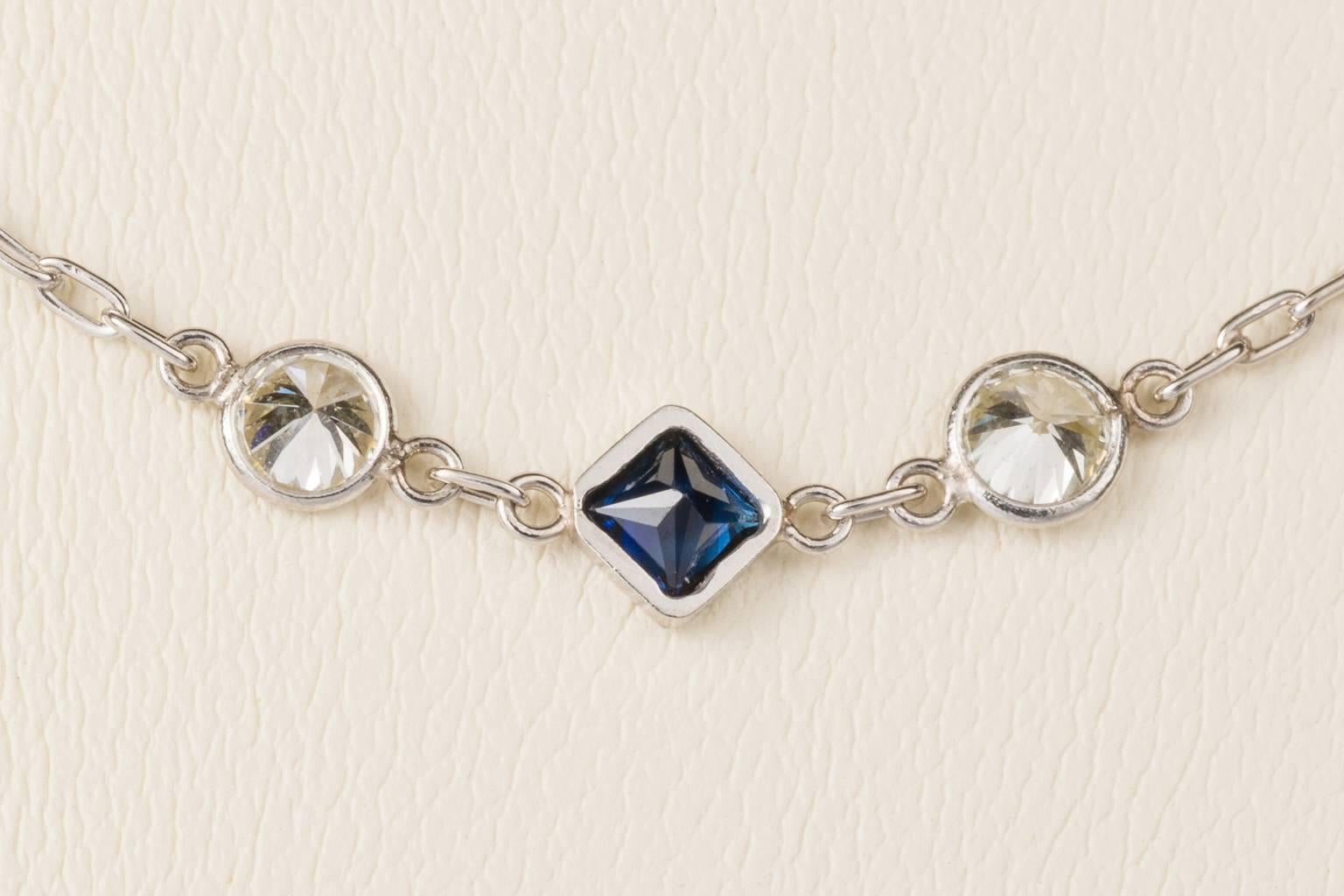 Platinum Round Diamond Blue Sapphire Chain Necklace  For Sale 1