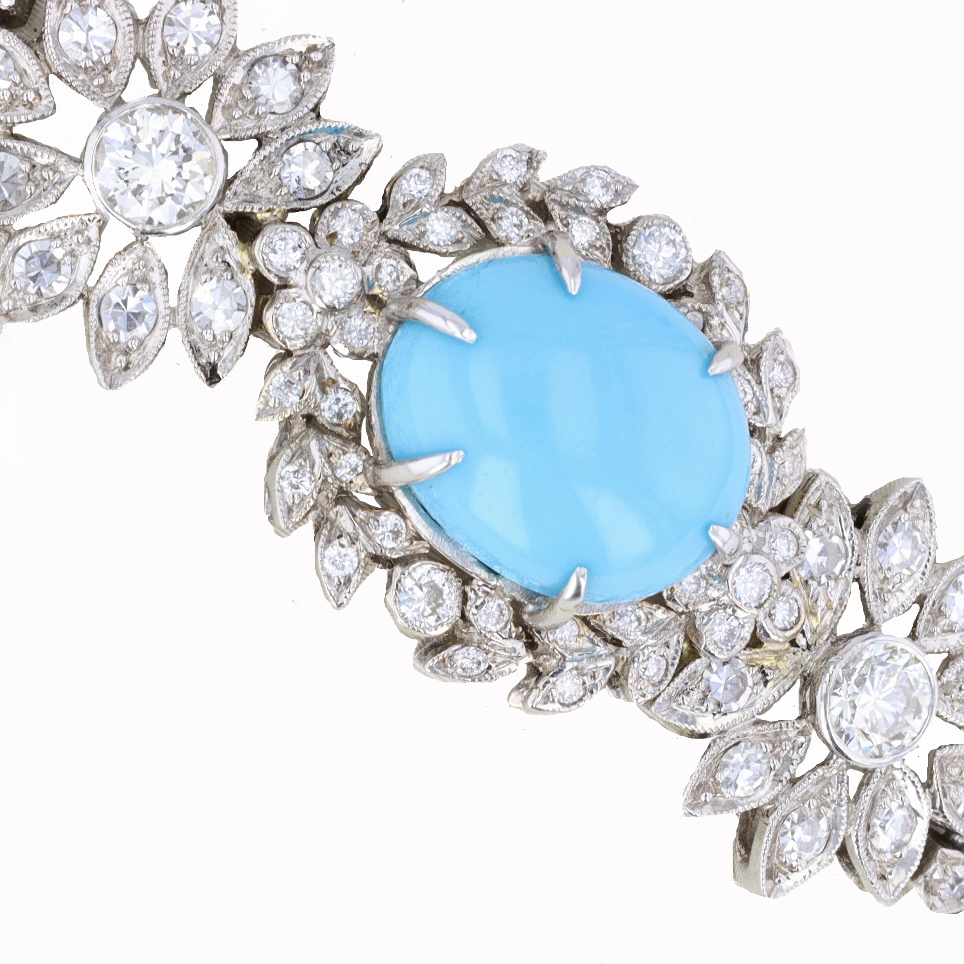 Cabochon Platinum Estate Diamond & Turquoise Bracelet For Sale