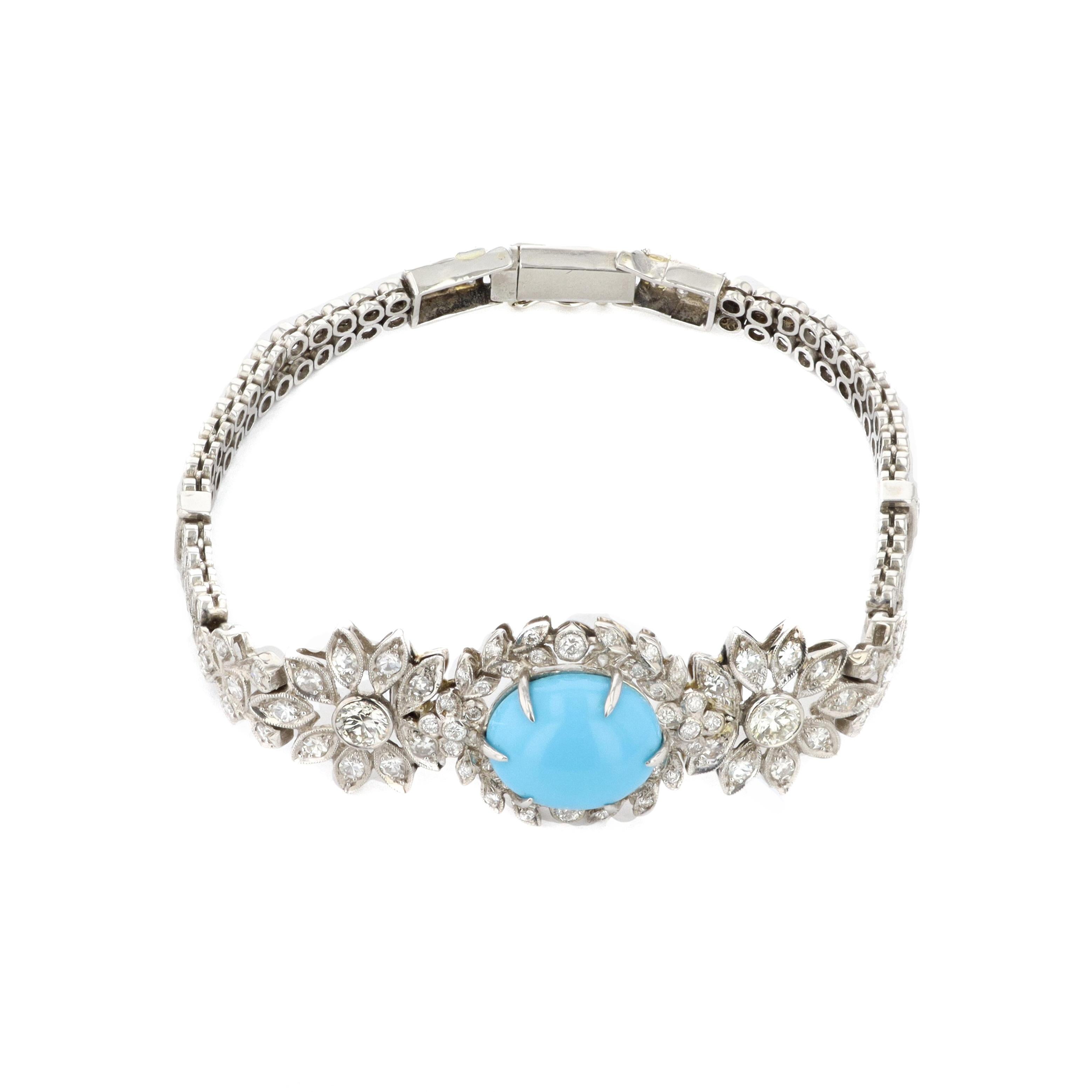 Women's Platinum Estate Diamond & Turquoise Bracelet For Sale
