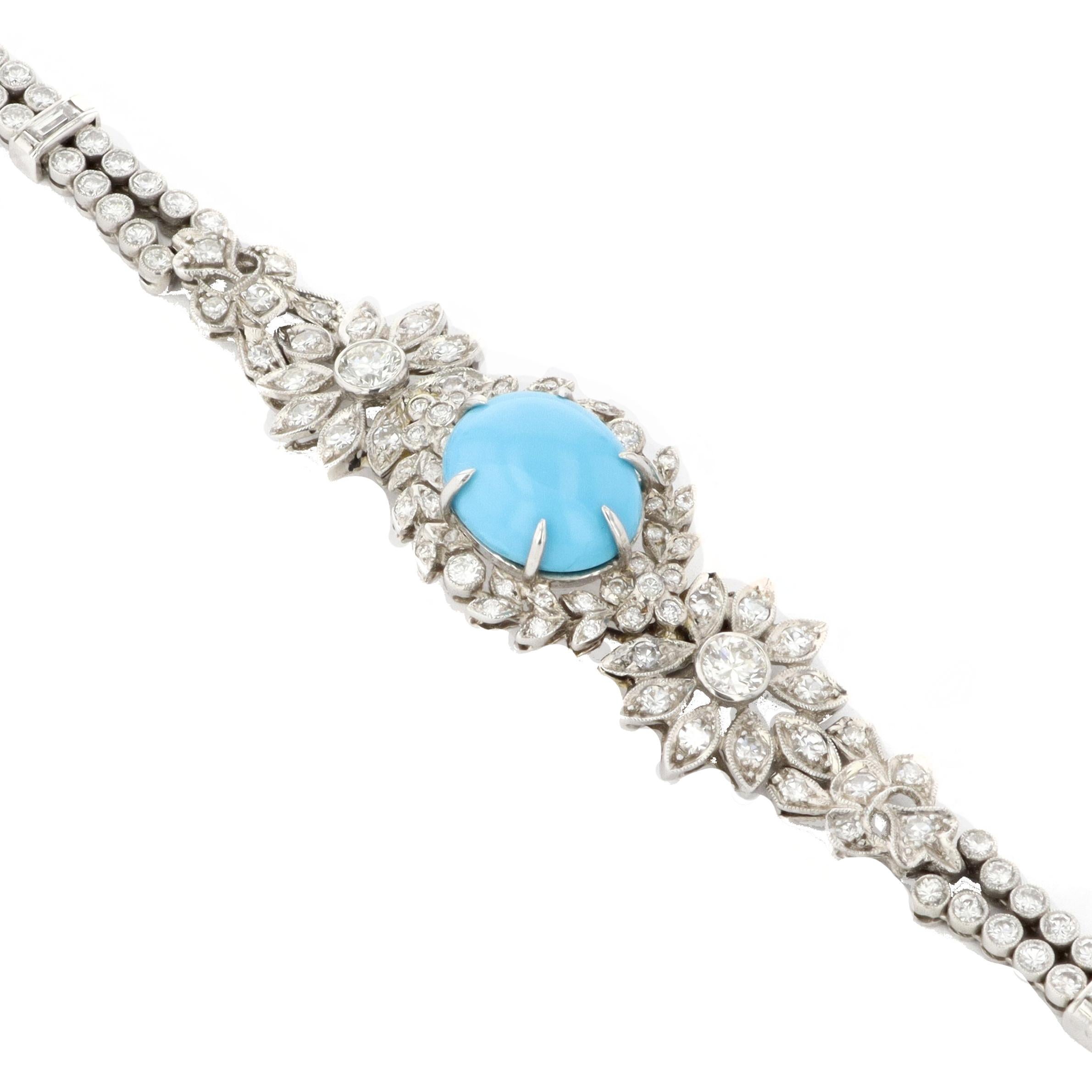 Platinum Estate Diamond & Turquoise Bracelet For Sale 1