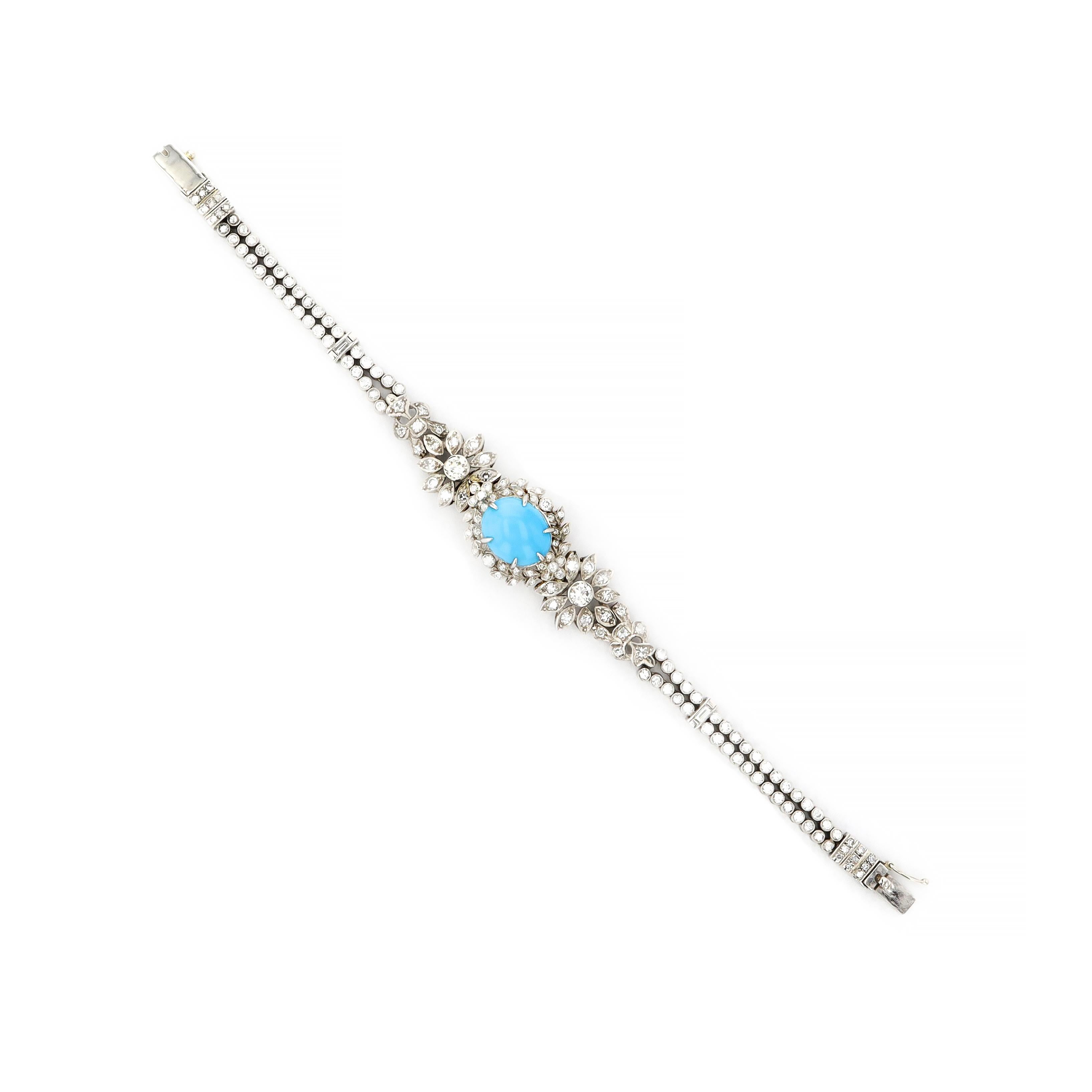 Platinum Estate Diamond & Turquoise Bracelet For Sale 2