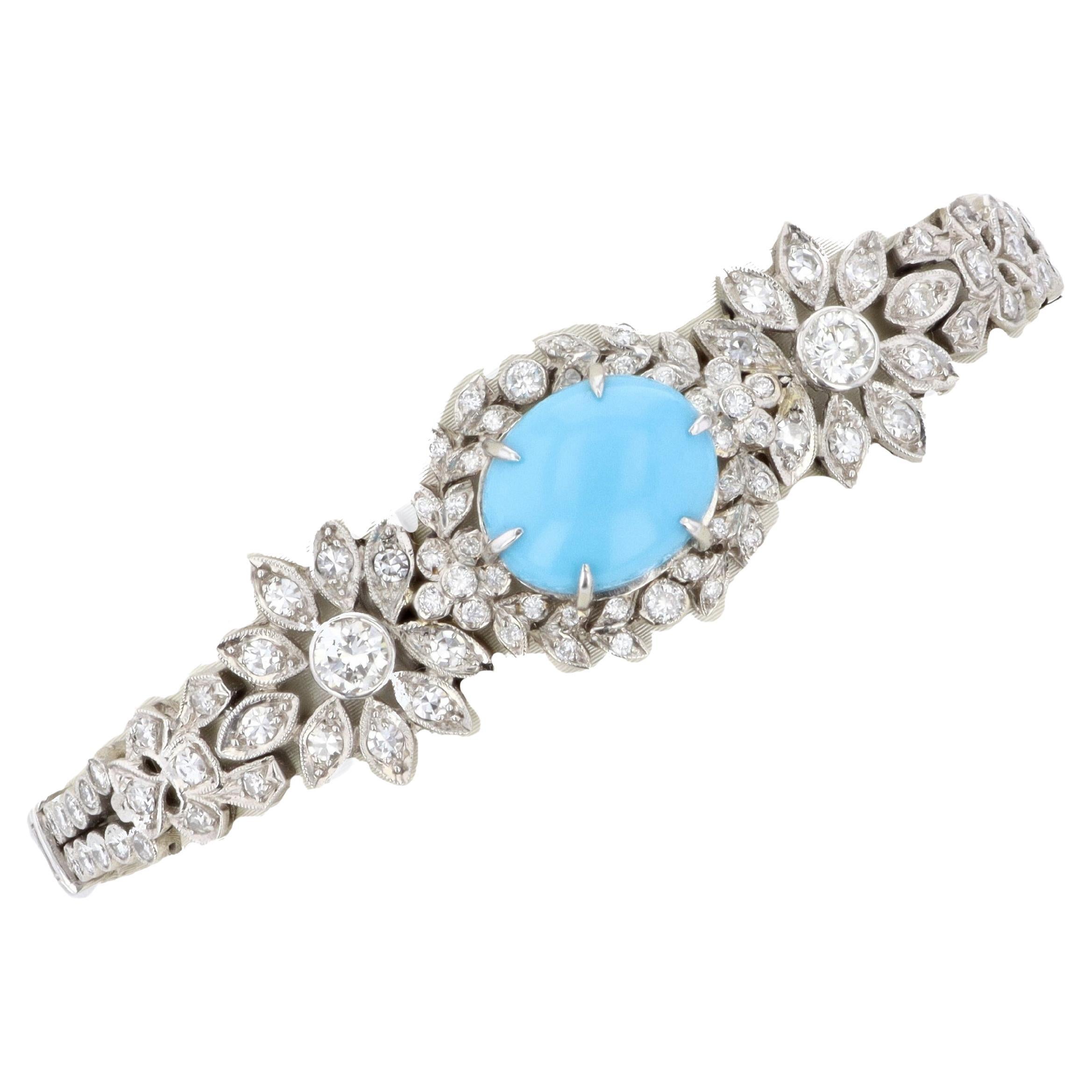 Platinum Estate Diamond & Turquoise Bracelet For Sale