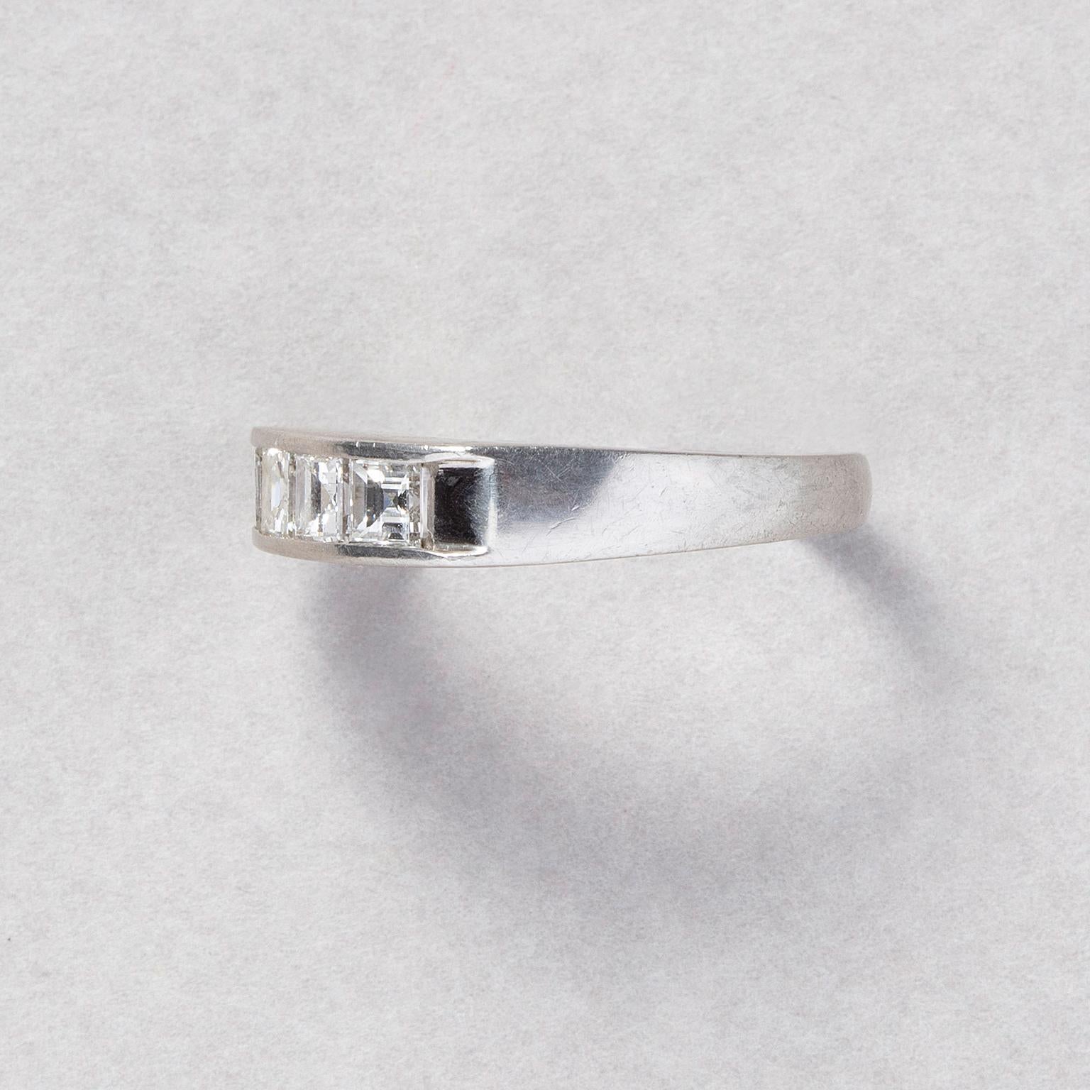 Women's or Men's A Platinum Ring with Five Square Cut Diamonds For Sale