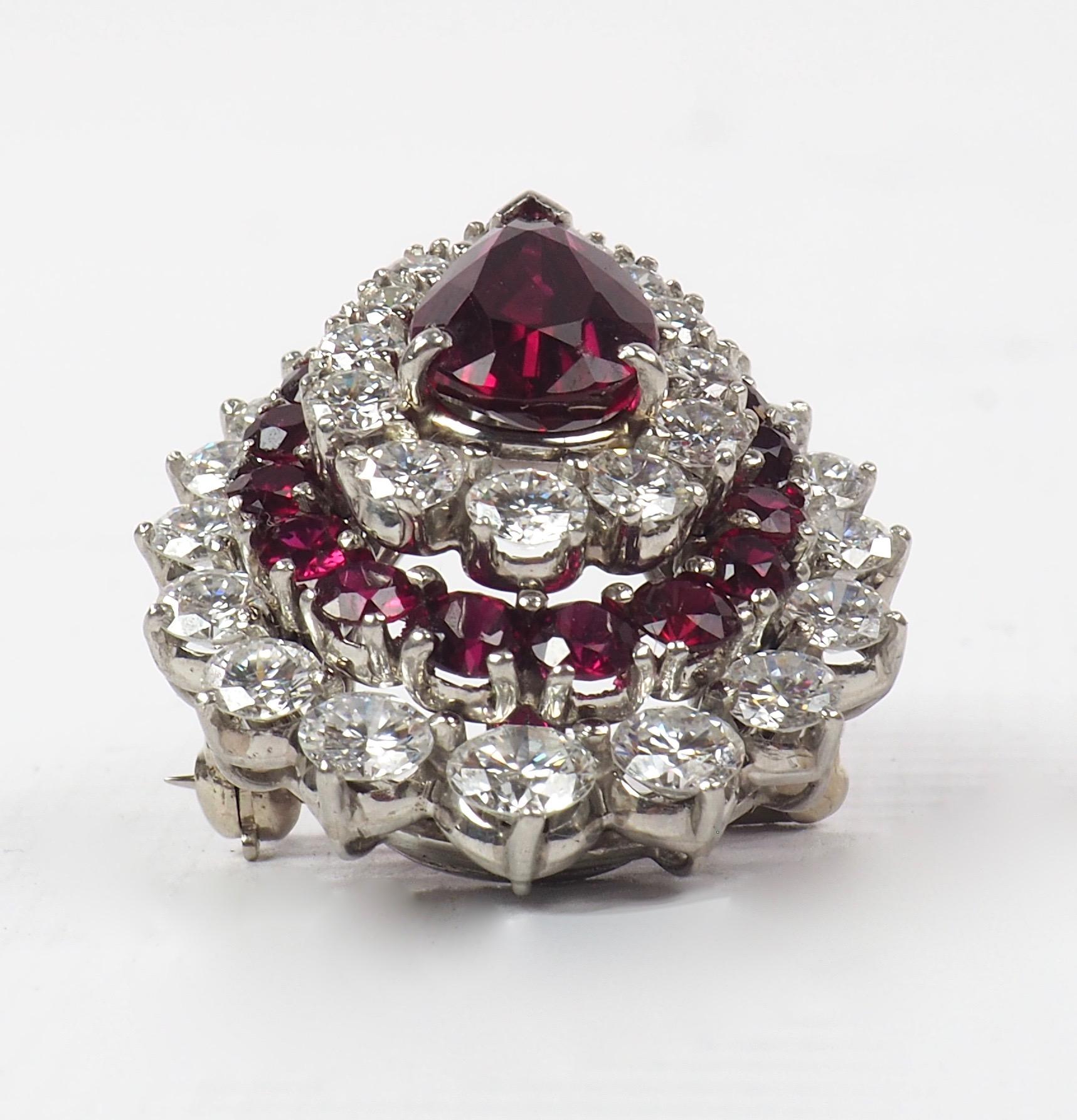 Round Cut Platinum, Ruby and Diamond Pendant Brooch 8.45 Carat