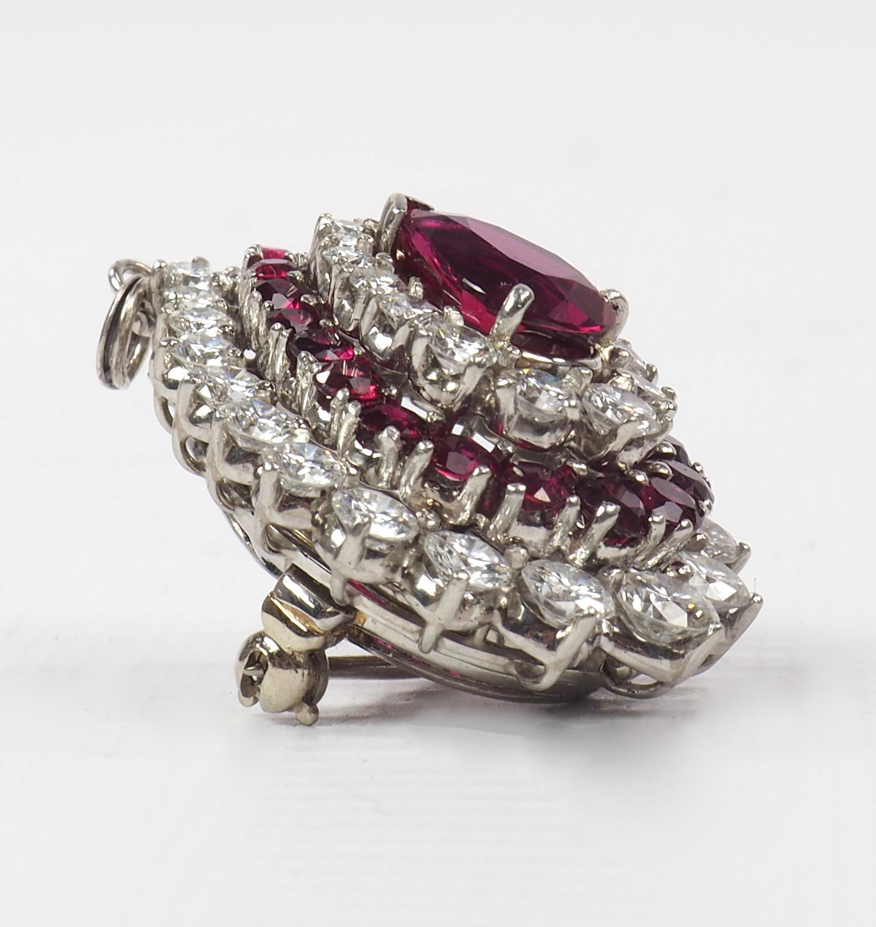 Platinum, Ruby and Diamond Pendant Brooch 8.45 Carat In Excellent Condition In London, GB