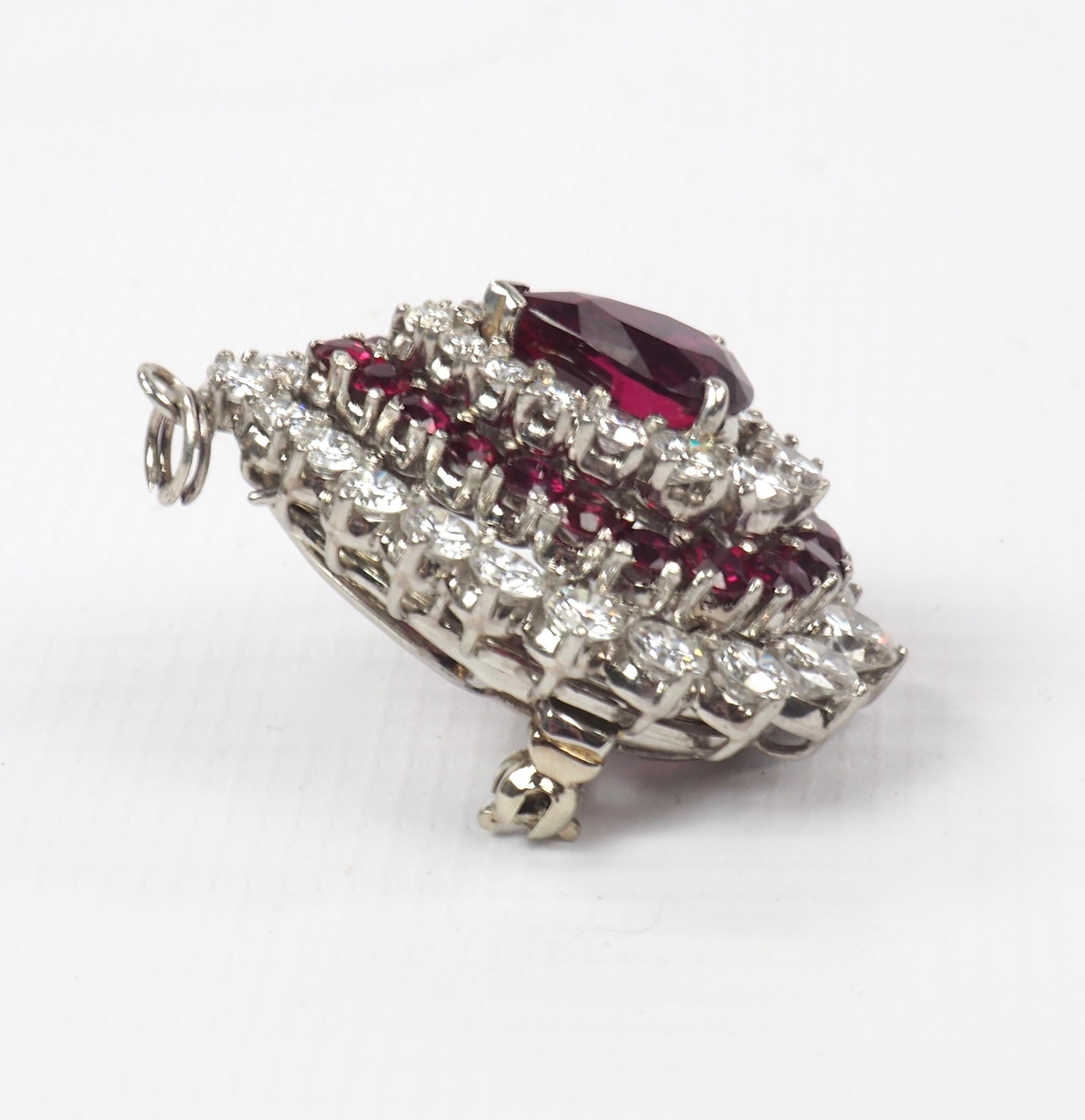 Women's Platinum, Ruby and Diamond Pendant Brooch 8.45 Carat