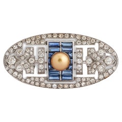 Platinum, Sapphire, Diamond & Natural Pearl Brooch