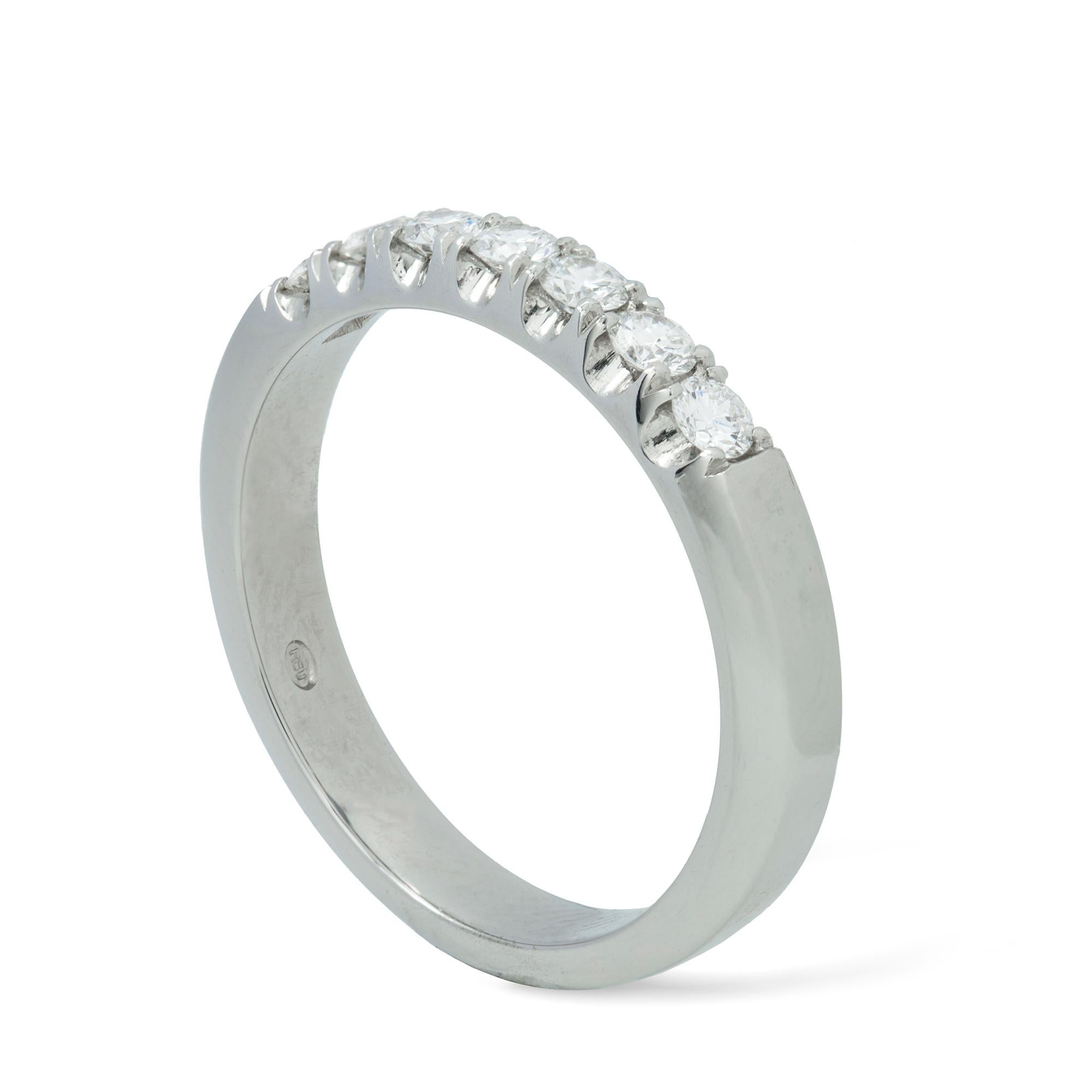 A diamond half eternity platinum ring, the seven round brilliant-cut diamonds, estimated to weigh 0.37 carats in total, all claw set to a platinum mount, later hallmarked 950, London, 2017, finger size M 1/2, gross weight 5.8grams. 

This ring is in