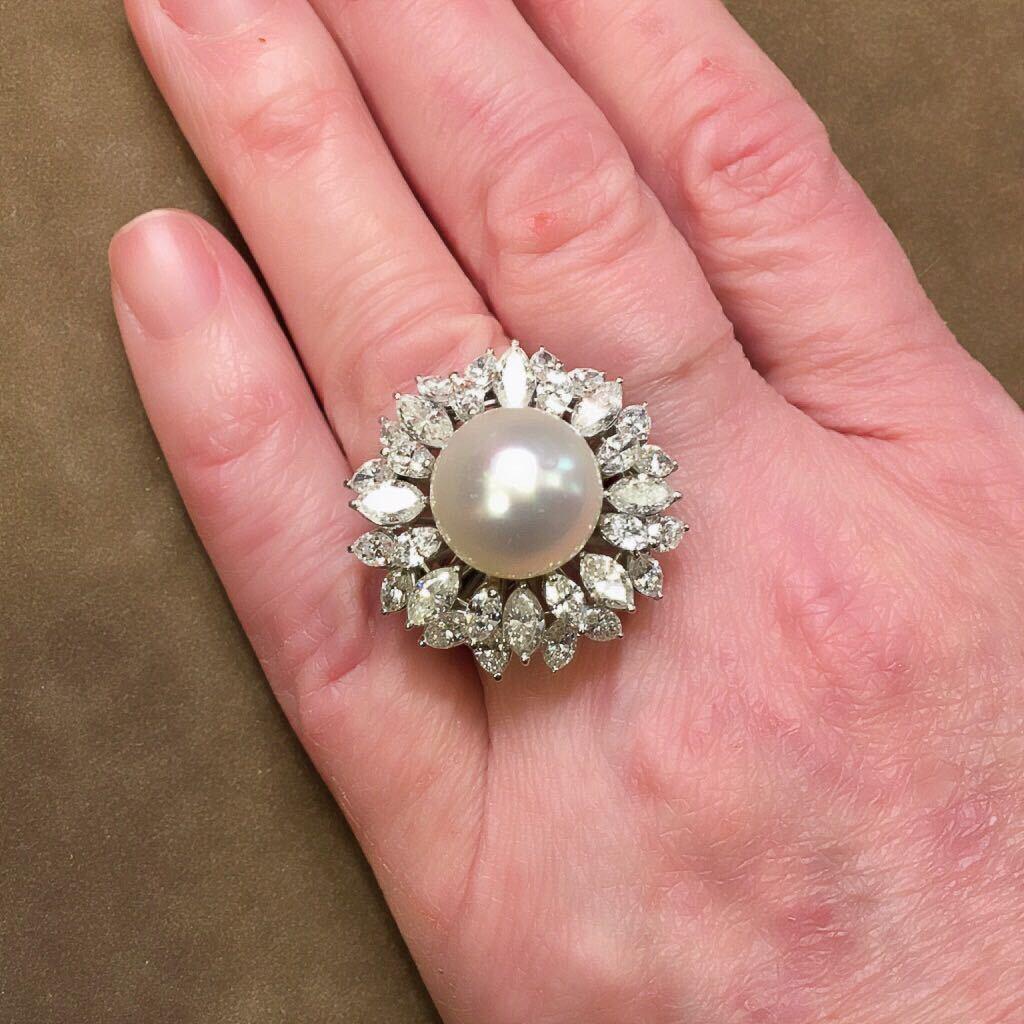 Marquise Cut Platinum, South Sea Pearl and Diamond Ring
