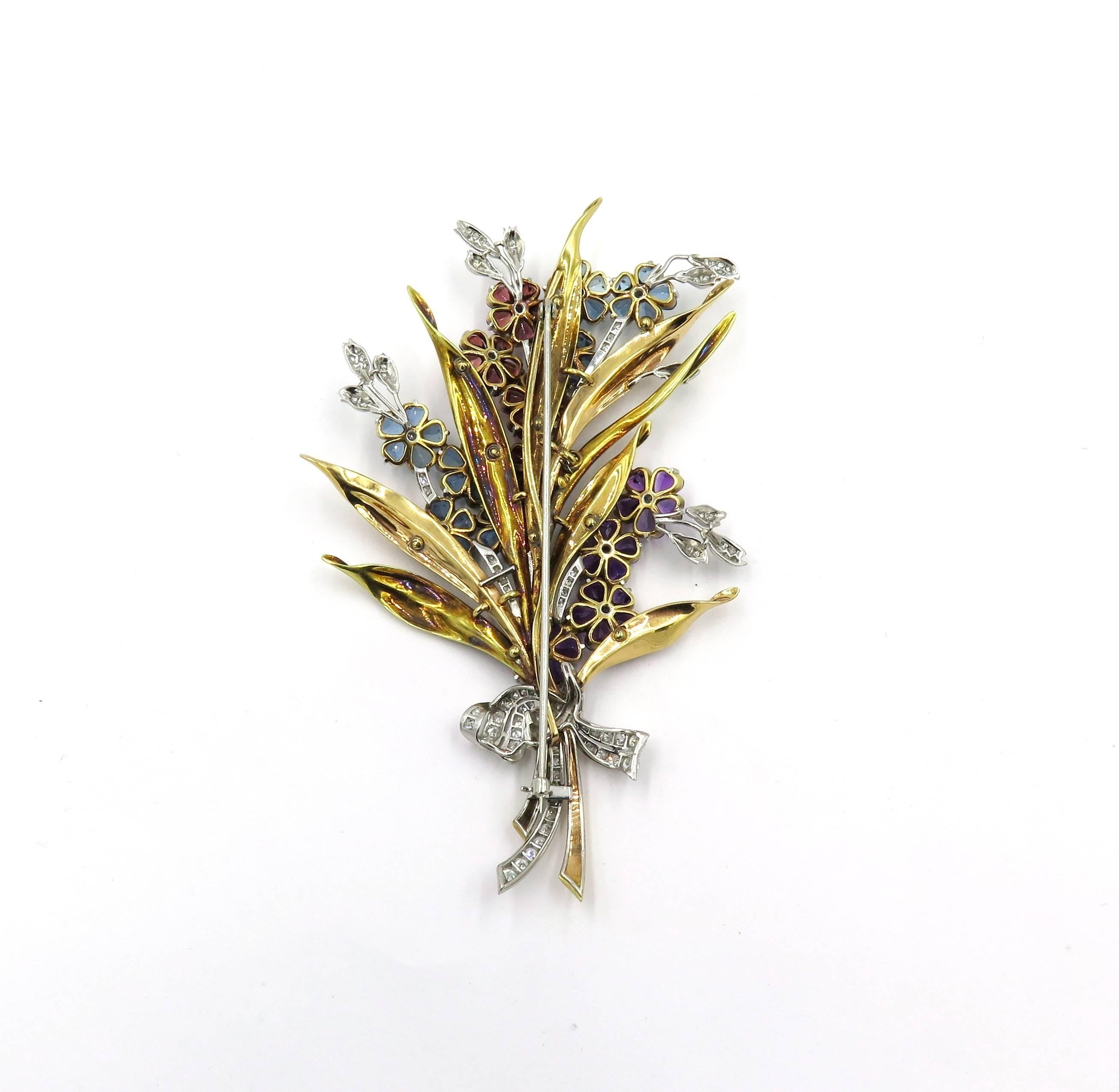 Platinum, Diamond, Aquamarine, Citrine and Amethyst Flower Spray Brooch In Excellent Condition In New York, NY
