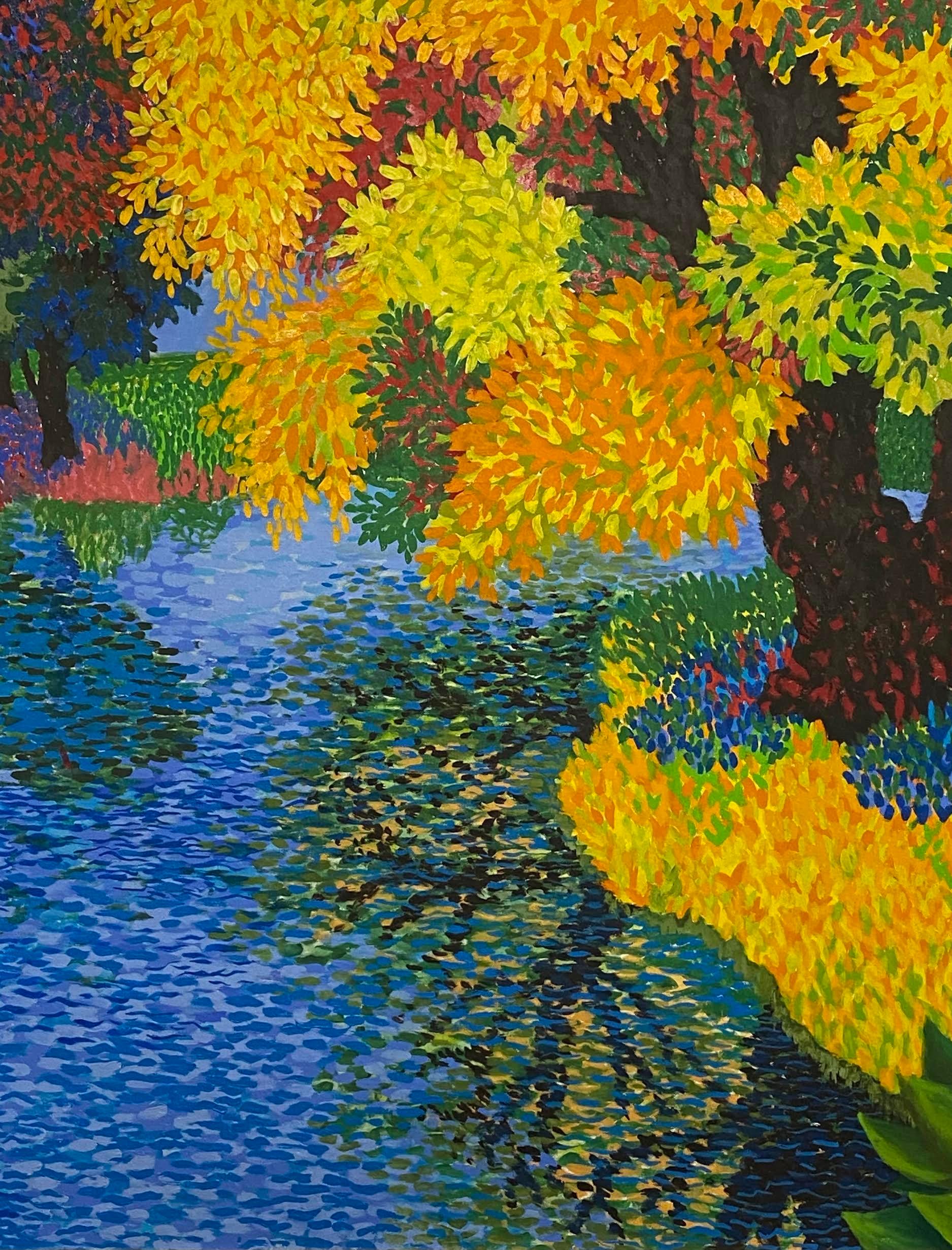A large bold pointillism painting of a landscape and pond in the manner of Georges Seurat.
by Marc R. Rubin, signed l/r 
American, 20th century

Canvas: 48
