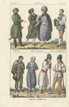 A Pole, Polish Jews and Hungarian Peasants, Hand Colored Lithograph, 1842
