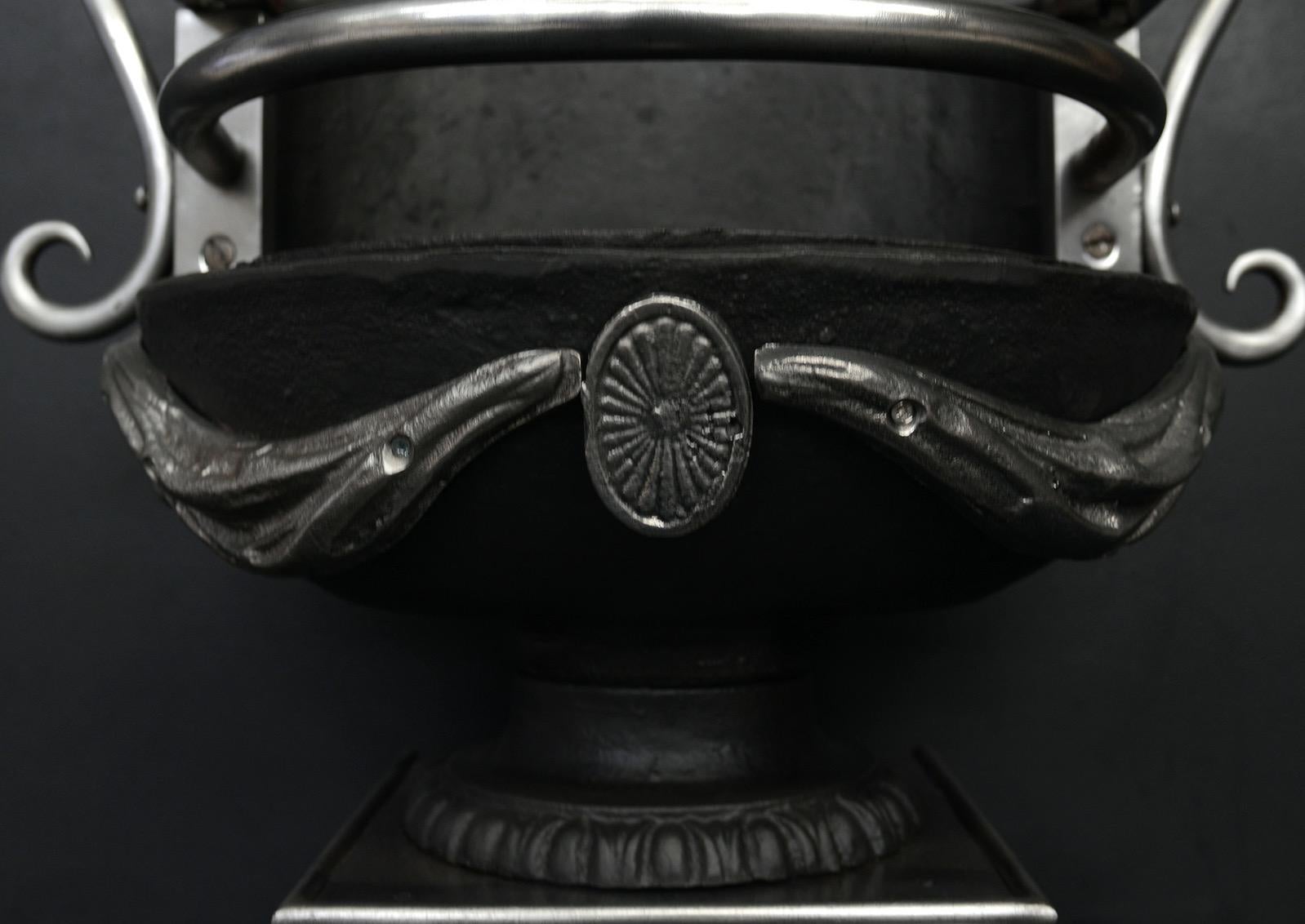 Grille de cheminée en fonte polie de style Regency. La zone de combustion de forme ovale avec des poignées en fer forgé sur les côtés et des guirlandes et des patera en fonte en dessous. La base ovale décorative repose sur un socle rectangulaire et
