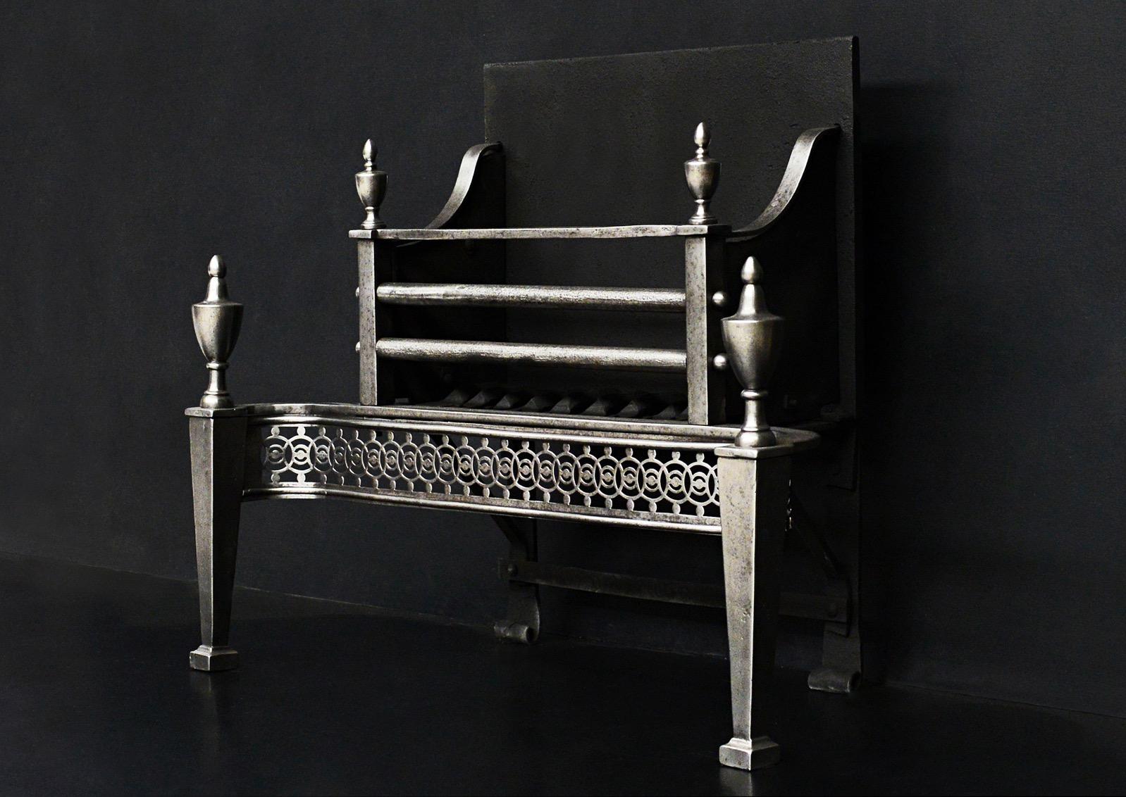 English Polished Steel Firegrate with Guilloche Fret For Sale