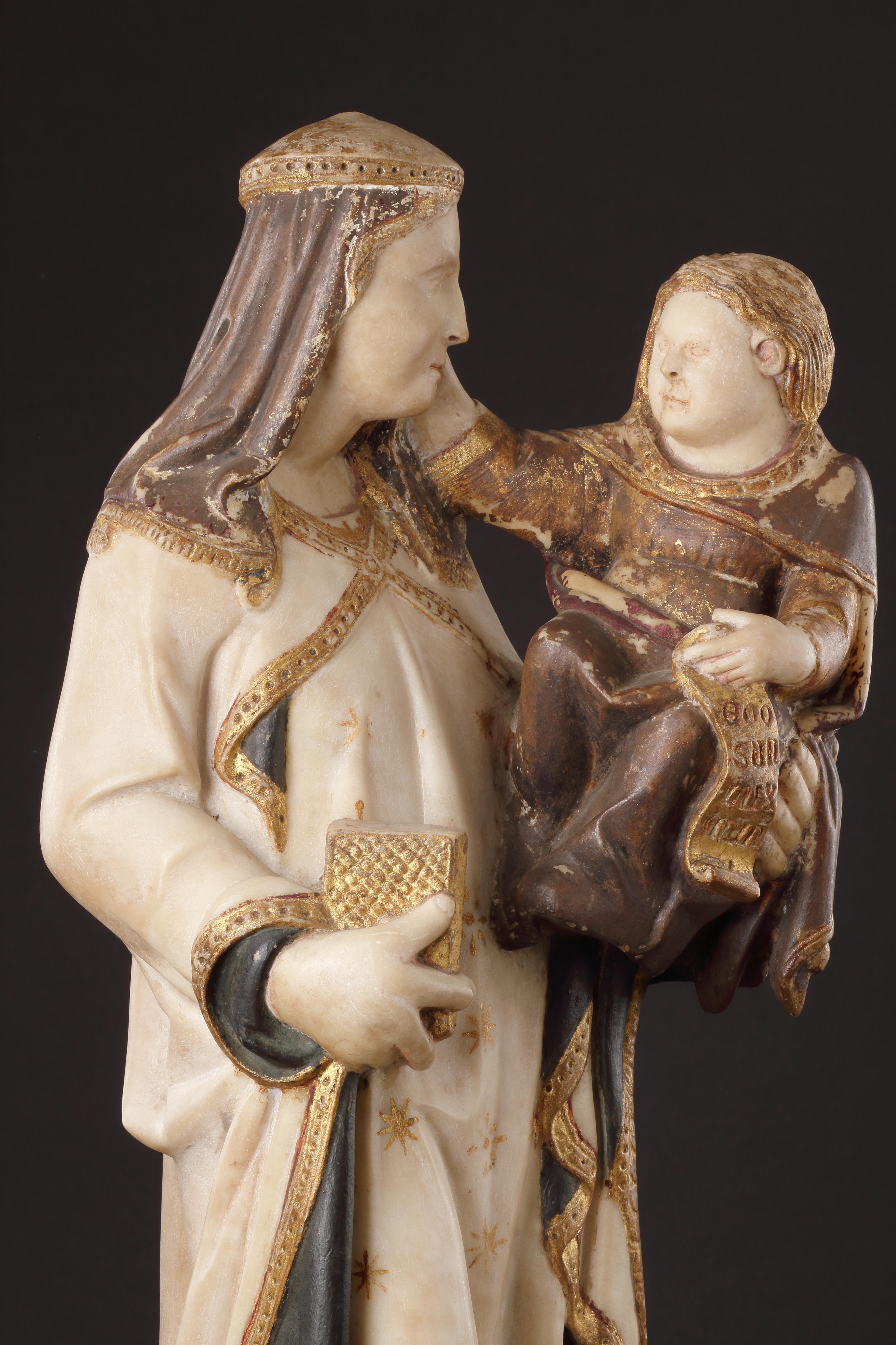 A Polychrome and Parcel-Gilt Marble Group of the Virgin and Child For Sale 5