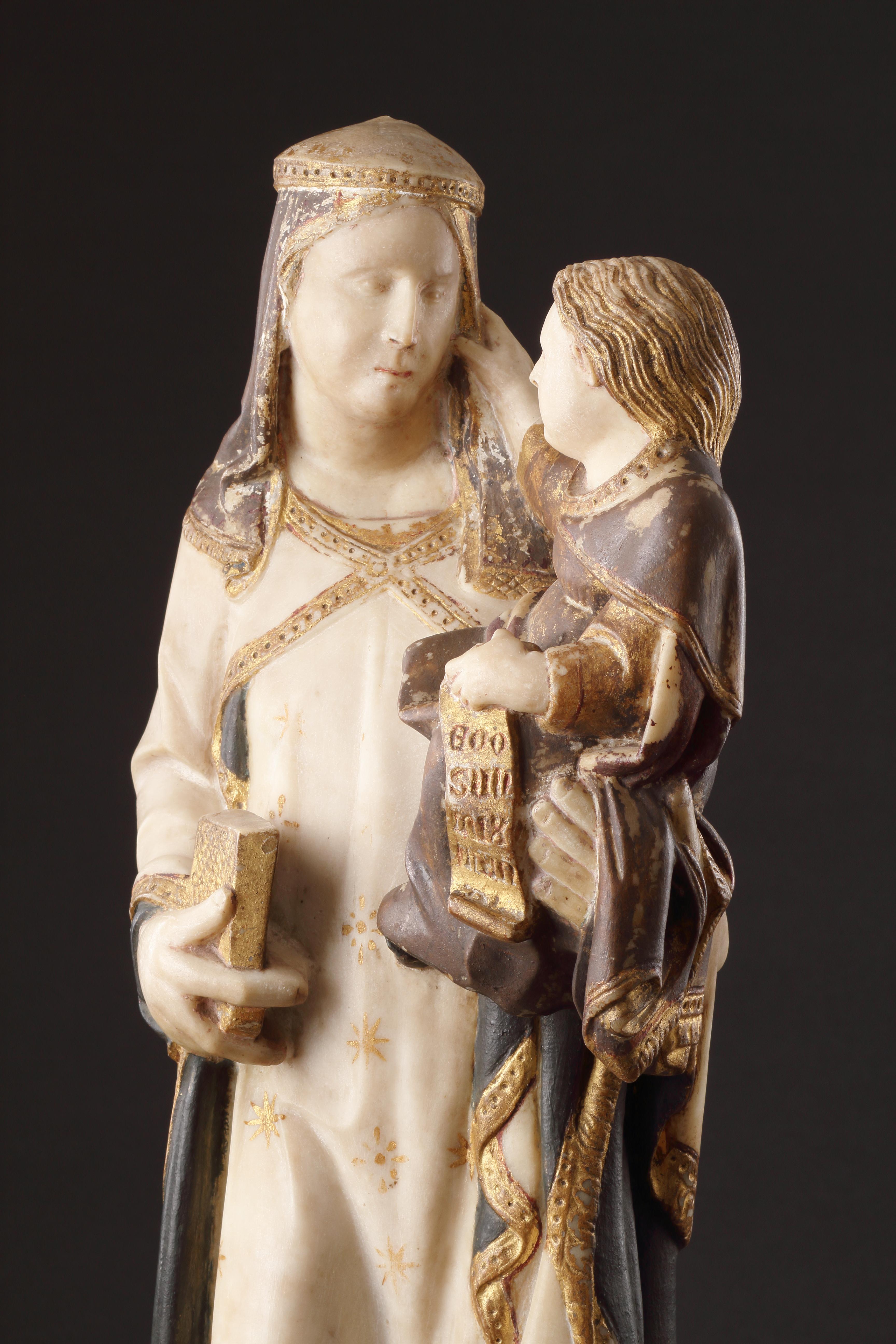 A Polychrome and Parcel-Gilt Marble Group of the Virgin and Child For Sale 3