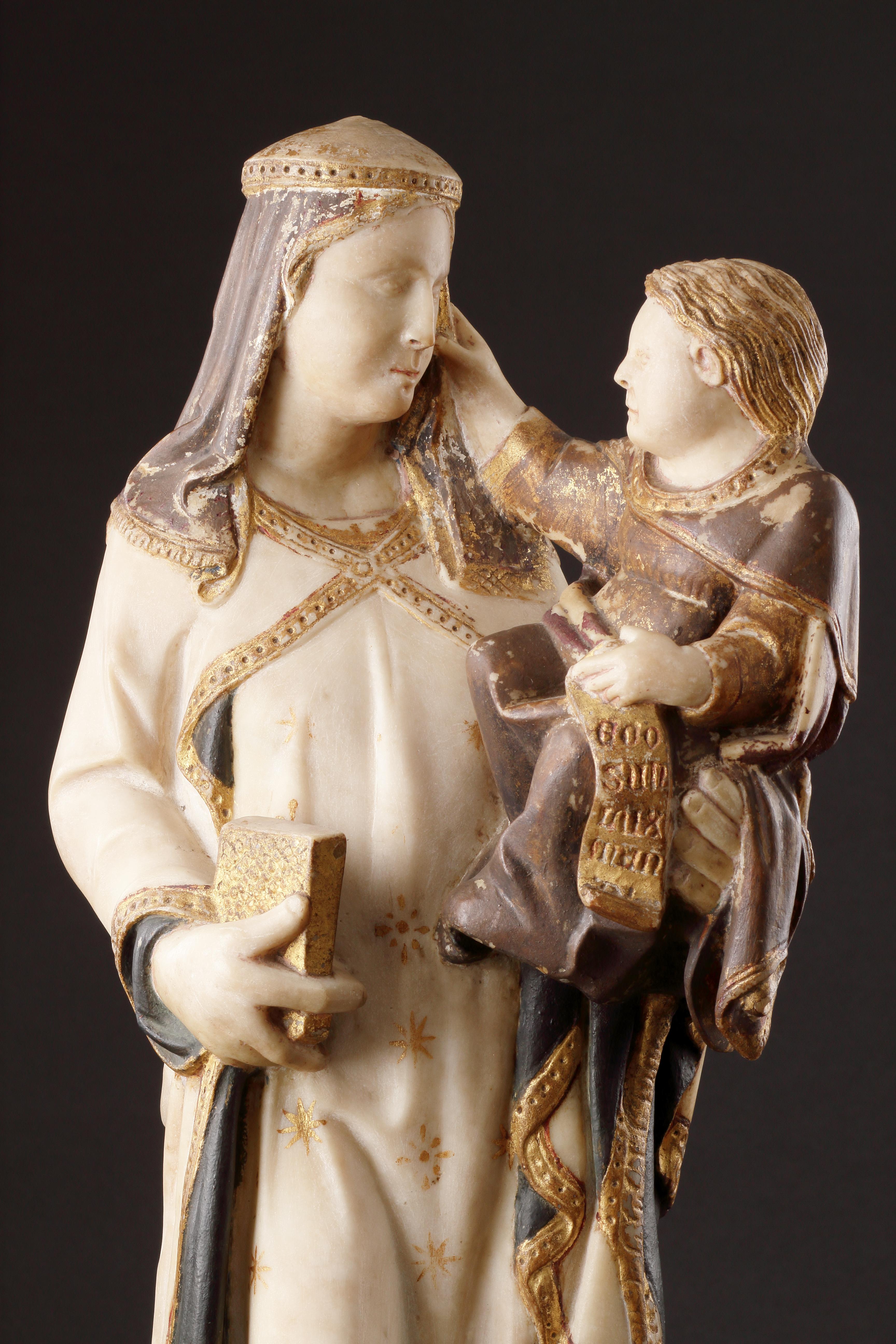 A Polychrome and Parcel-Gilt Marble Group of the Virgin and Child For Sale 4