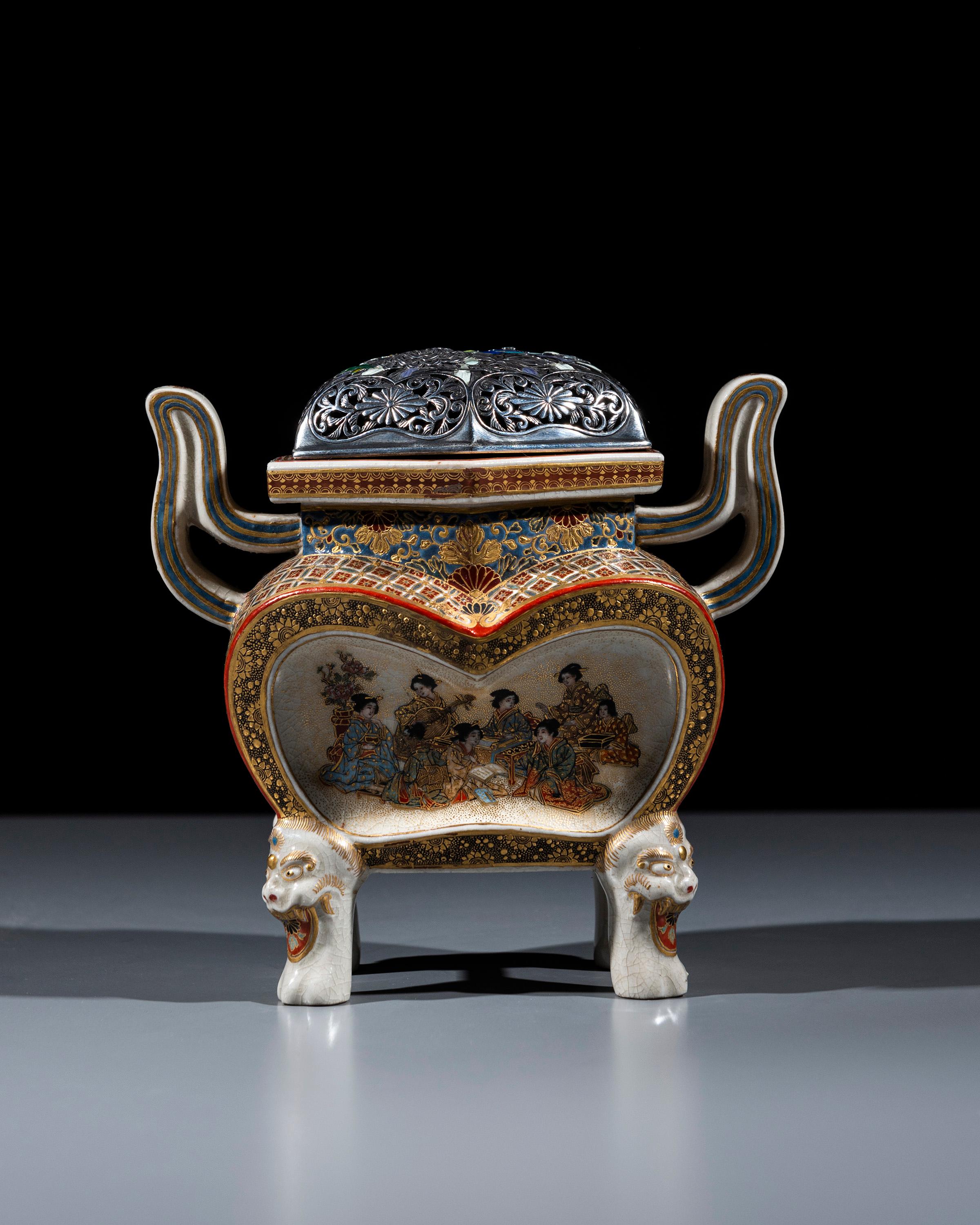 Japanese A polychrome Satsuma kōro with a pierced silver and enamelled lid For Sale