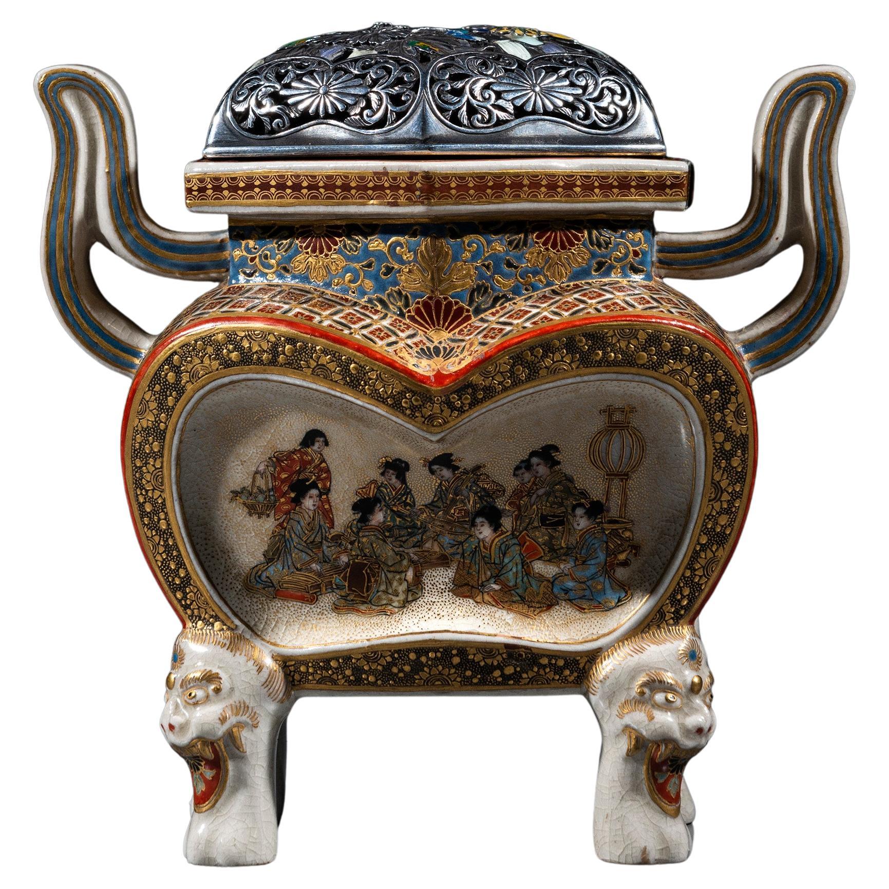 A polychrome Satsuma kōro with a pierced silver and enamelled lid For Sale