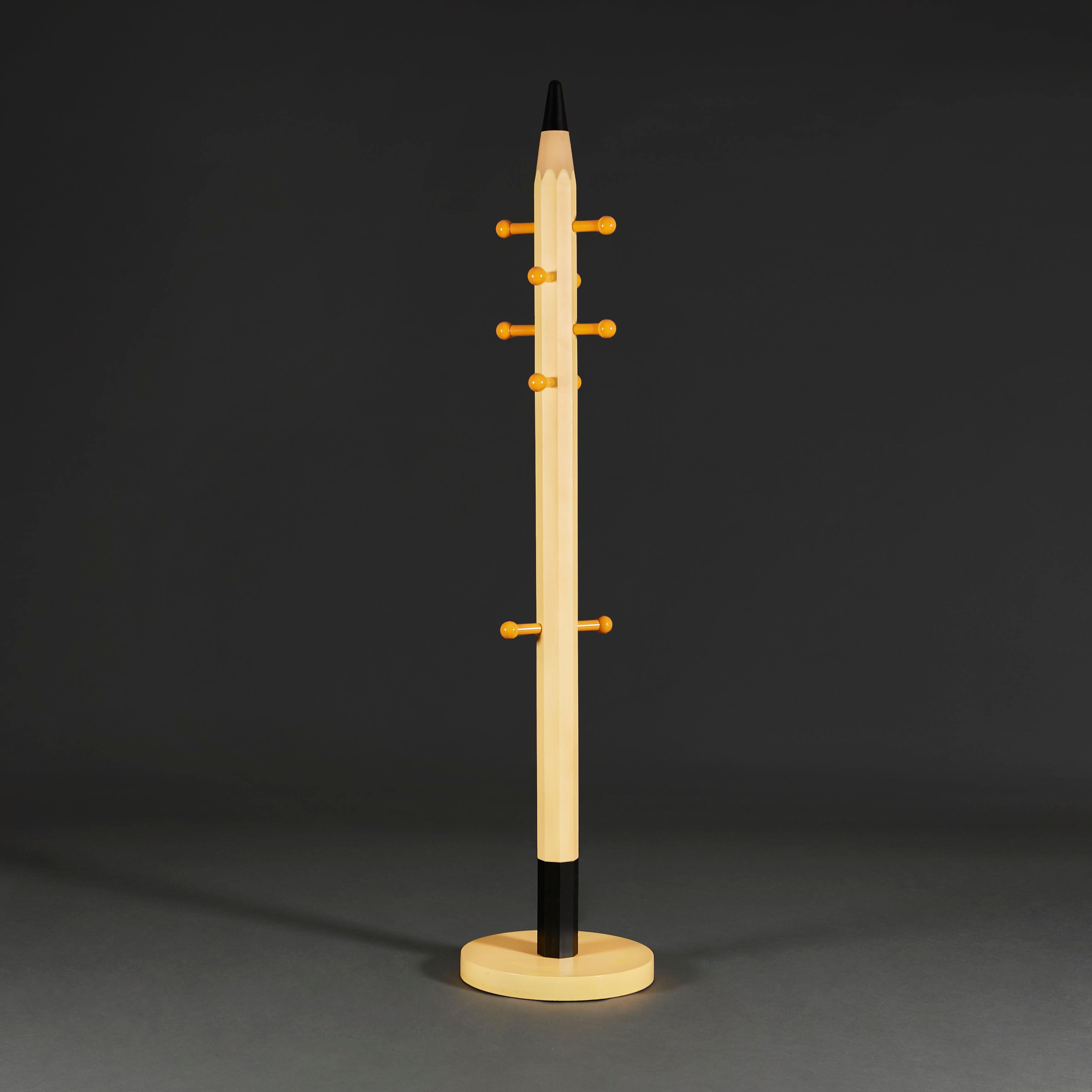 England, circa 1960

An amusing pop art coat hanger in the form of a pencil, with orange hooks, all supported on a circular plinth base.

Height 183.00cm

Diameter of the base 37.00 cm.