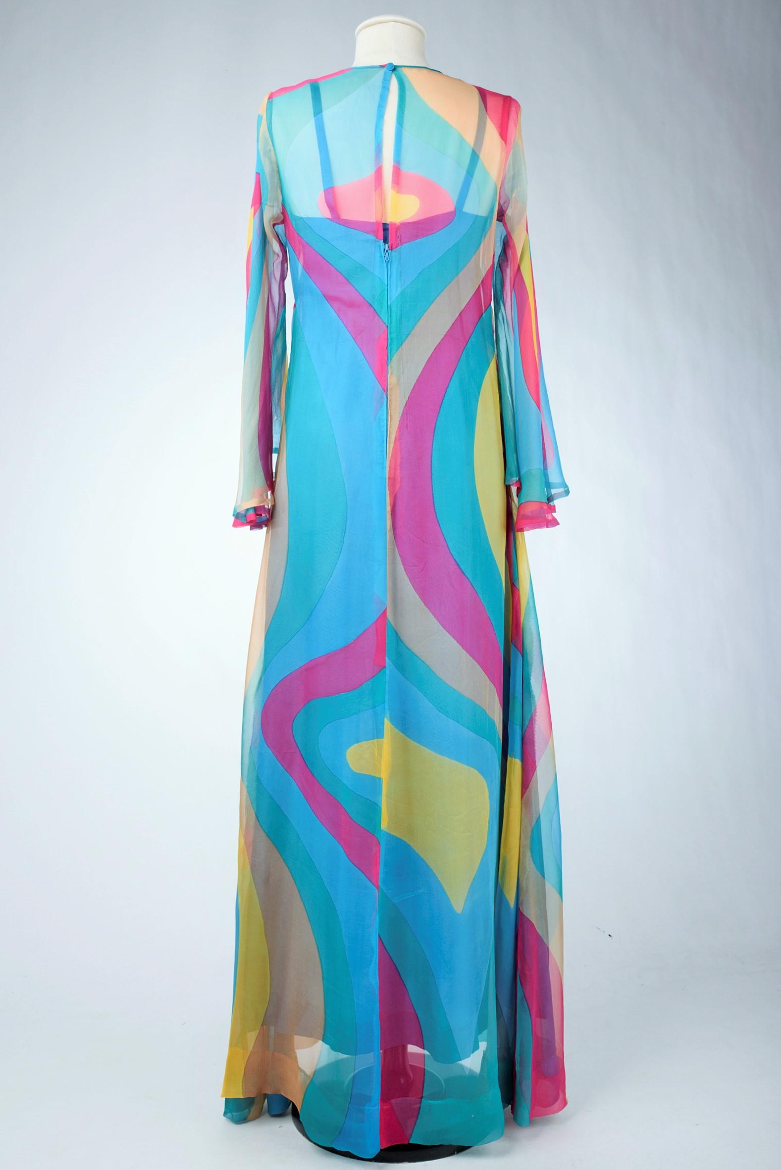 Pop-Art bedrucktes Chiffon-Memory-Kleid - Frankreich um 1975 im Angebot 7